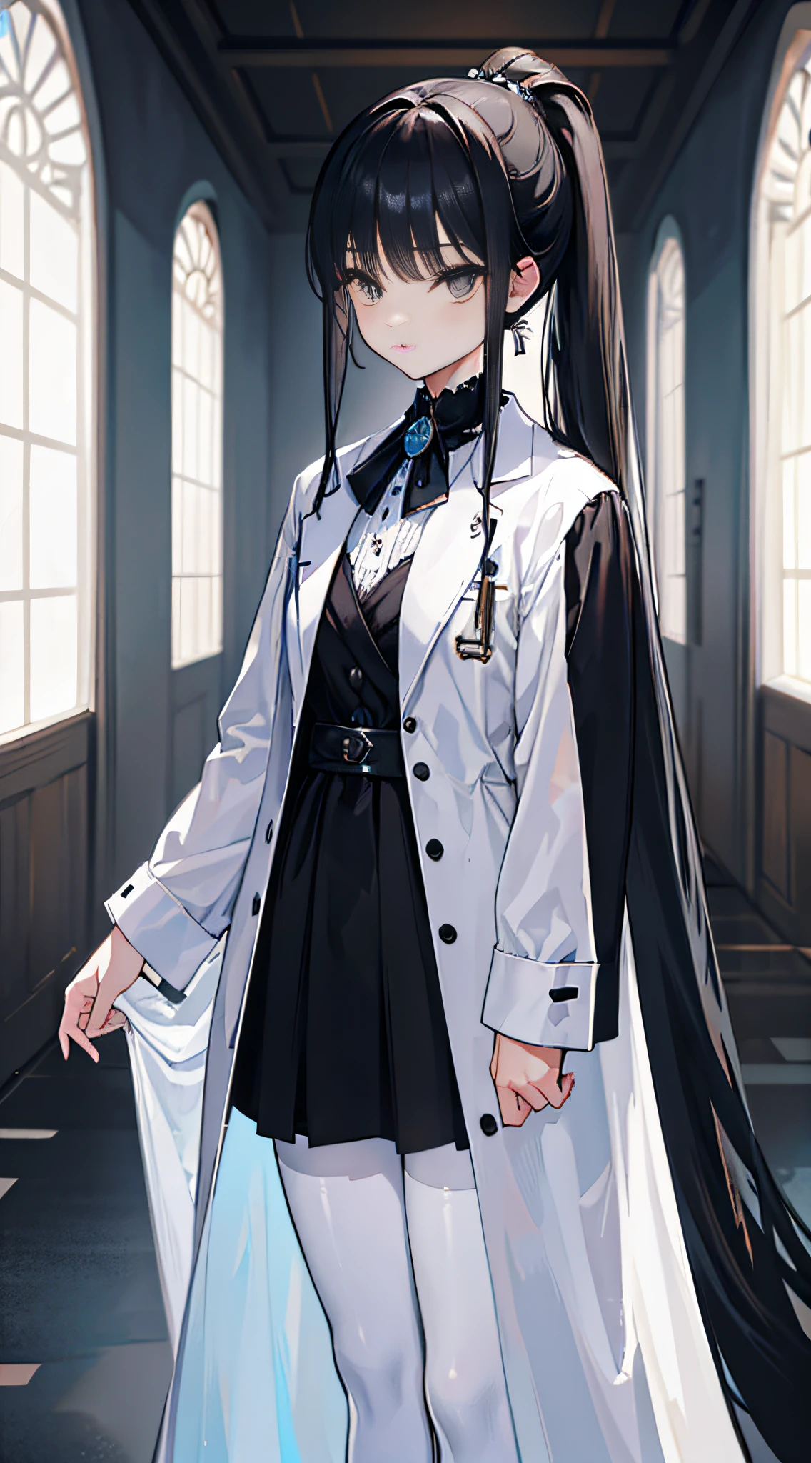 A black-haired girl with black eyes, wearing a white suit and a black cloak, is standing at the doorway. She has a ponytail and long hair flowing down her back. She completes her outfit with white stockings and black ankle boots.
The image should be of the best quality, with a resolution of 4k, 8k, or higher. The details should be ultra-detailed and realistic, or even photorealistic. The lighting should be professionally done, with studio lighting and sharp focus. The colors should be vivid and the painting should have a physically-based rendering. The overall tone of the image should be on the dark side, with a touch of mystery.
The art style for this prompt should focus on portraits or concept art. It should capture the girl's elegant and mysterious presence while highlighting her features. The image should convey a sense of intrigue and captivate the viewer's attention.