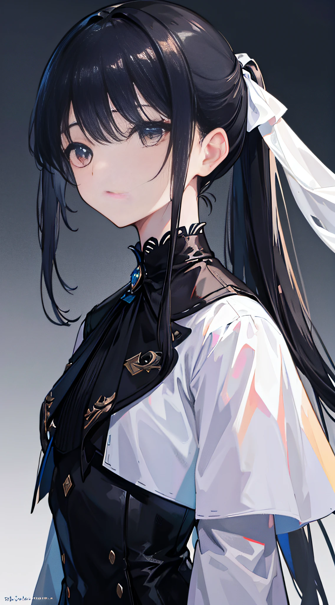 Black-haired girl with black eyes, Wearing a white suit and black cape, Standing in the doorway. she has a ponytail，Long hair ran down his back. She finished her outfit with white stockings and black ankle boots. 

The image should be of the best quality, The resolution is 4K, 8K, or higher. Details should be ultra-detailed and realistic, Even realistic. Lighting should be done professionally, Features studio lighting and clear focus. The colors should be bright，Paintings should have physically based renderings. The overall tone of the image should be on the dark side, With a touch of mystery.

The art style of this tip should focus on portrait or conceptual art. It should capture the elegant and mysterious presence of the girl，At the same time, highlight her features. The image should convey a sense of intrigue and grab the viewer's attention.