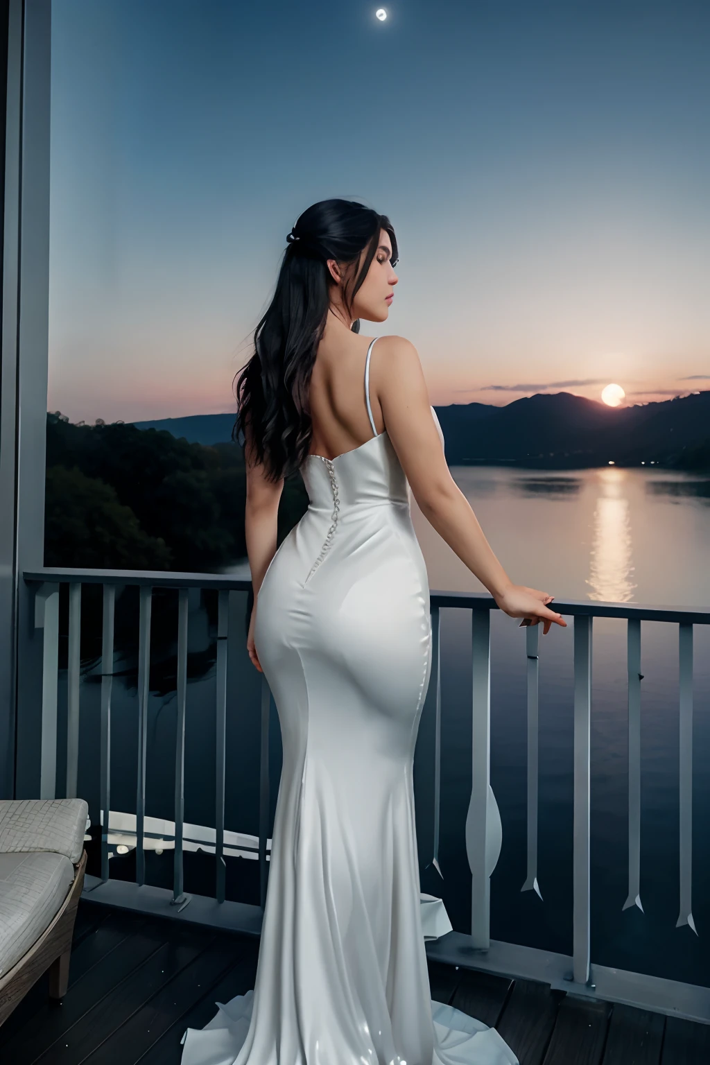 On a balcony overlooking a serene lake, a woman serenades the night with a haunting violin piece. The moon's reflection glimmers on the water, and her form-fitting gown accentuates her curves. With each note, her expression is one of deep passion and invitation. A silvery, ethereal LUT amplifies the moonlight's embrace.