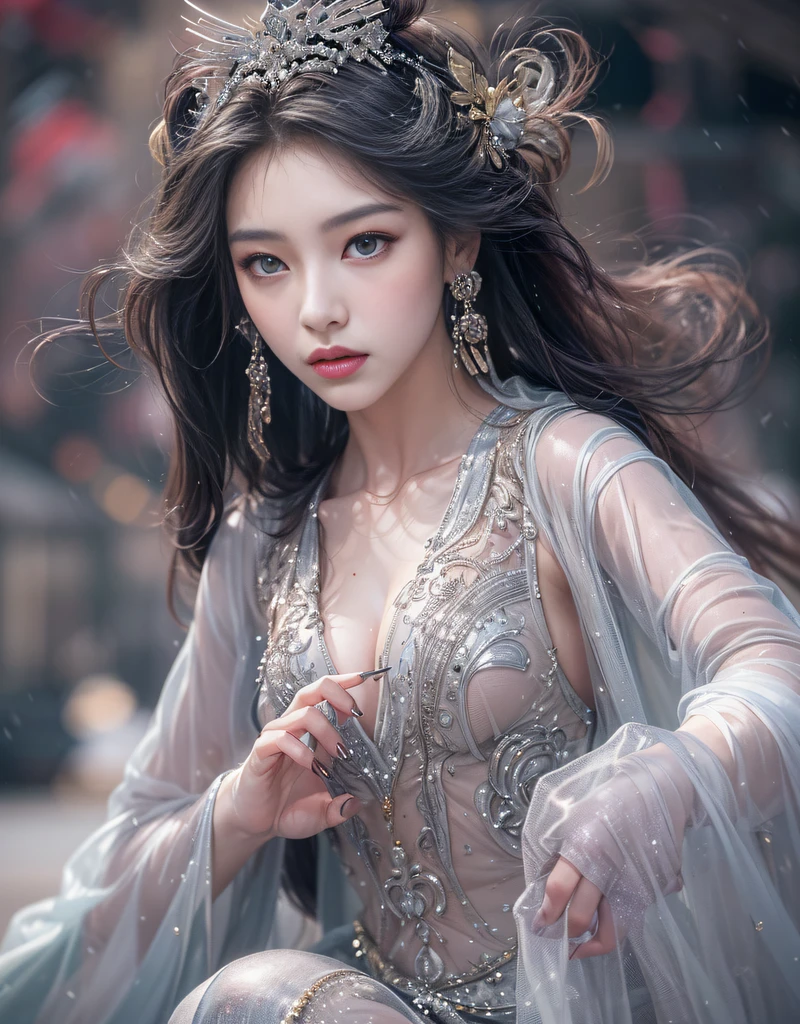 (beautiful model as Diao Chan in Chinese epic drama, beautiful Long hair), solo, ((face is 80% beauty and elegance, 20% pretty and cute:1.5)), (Her roots are in Eastern Europe and Asia), clear eyes, (detailed eyes, light brown eyes, bright pupils), Double Eyelids, (sexy lips with a little thickness:1.2), super detailed and incredibly high resolution shiny silver water sleeve costume, Highly Detailed Face Texture, (radiating confidence:1.25), striking body shape, curvy and very attractive woman, (pose emphasizing body shape:1.4), high-resolution RAW color photo pro photo, BREAK ultra high-resolution skin textures, High-res body rendering, big eyes, unparalleled masterpiece, incredible high resolution, super detailed, shiny skin, skin dantation, seductive gaze, stunning ceramic skin, BREAK Costume is (elaborate and gorgeous Chinese classical dance shiny silver water sleeve costume:1.5) and ((See-through shiny silver long skirts that dance in the wind:1.5)), (The main color is shiny silver:1.5), (Classical Chinese dance costumes with elaborate and graceful decorations:1.5), (Glittering ornaments such as necklaces and bangles), (Dancing under the moonlight on a slightly snowy night:1.5), BREAK ((Costume fluttering and fluttering by right rotational movement:1.5)), ((Hair flows in a right-handed rotary motion:1.5)), BREAK ((Best Quality, 8k)), Crisp Focus:1.2, (Layer Cut, Big:1.2), (Beautiful Woman with Perfect Figure:1.4), (Beautifully shaped and big breasts:1.3), Slender Abs、Wet Body:1.5, (Correct hand shape:1.5), (NSFW:0.5)