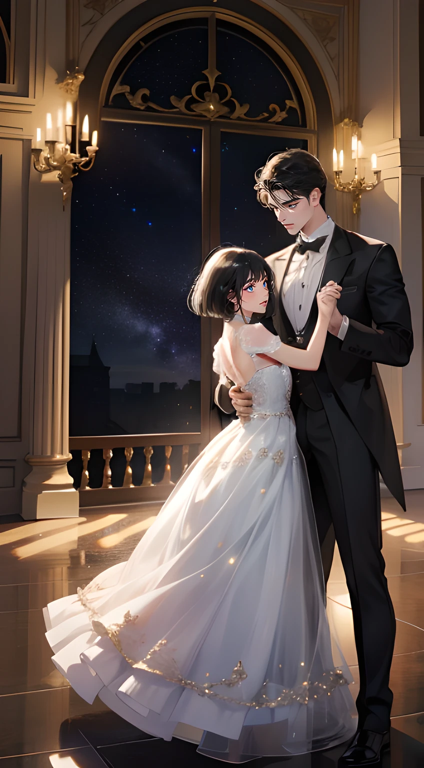 romantic couple dancing together, black-haired mature man,Girl with black short hair with fringe (soft smile, shy),different height ((the man is taller)), glowing stars,Glow effects, the night,in the ball room,The face is clear and accurate,detail in face,super-fine,castle,16K resolution,high quality, High picture detail,dynamic viewing angle,Epic shooting,oc rendered, dancing floor, detailed light, detailed shadow