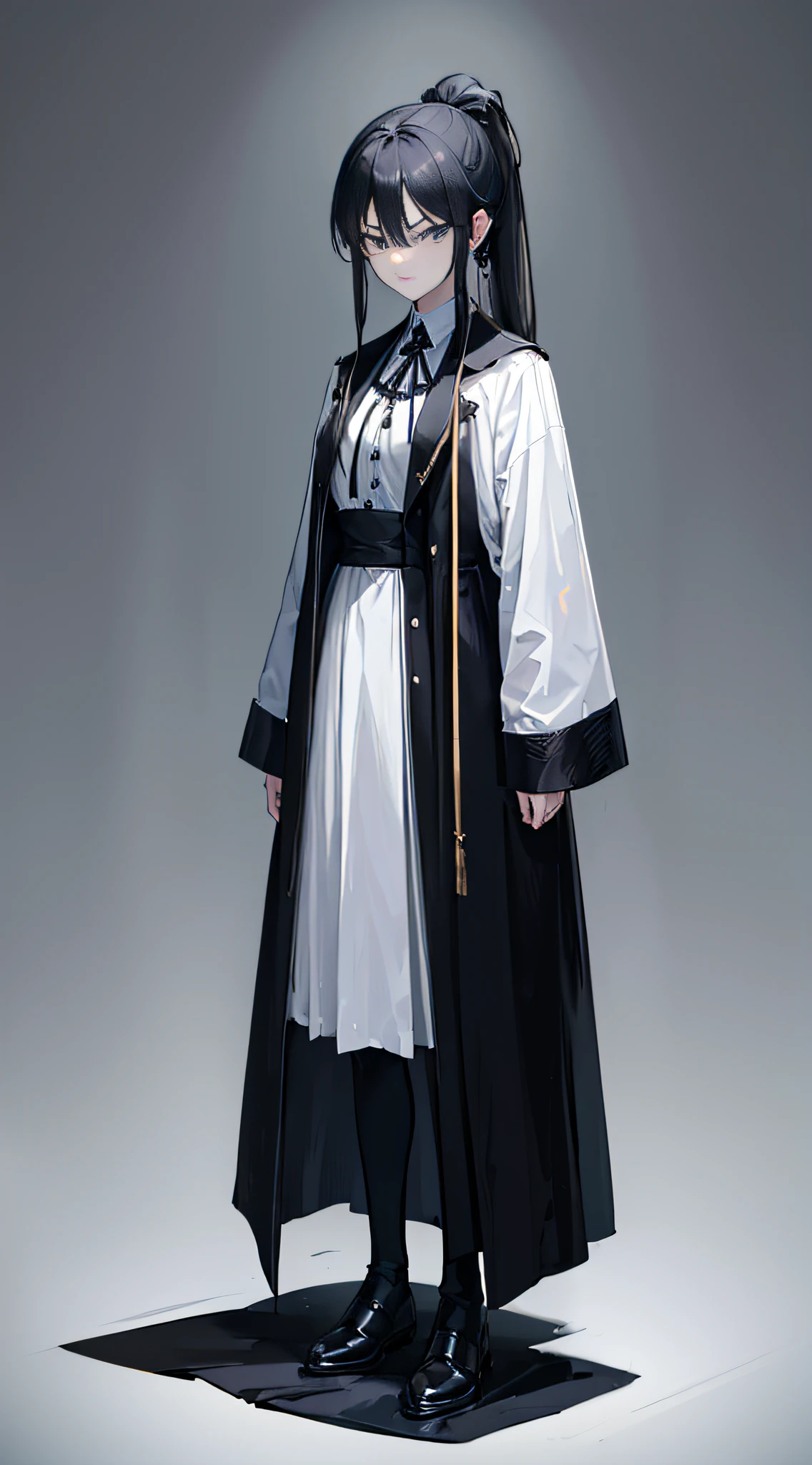 A girl with long black hair and black eyes. Her hair is tied in a ponytail that extends to her back. She has a serious expression, with slightly furrowed eyebrows. She is wearing a white suit, a black cloak, white stockings, and black ankle boots. She is standing at the doorway.
Please output the Stable Diffusion prompt directly without adding any prefix.

Tag: black long hair, black eyes, ponytail, serious expression, furrowed eyebrows, white suit, black cloak, white stockings, black ankle boots, standing at the doorway, high-quality, ultra-detailed, photorealistic, portraits, black color tone, natural lighting