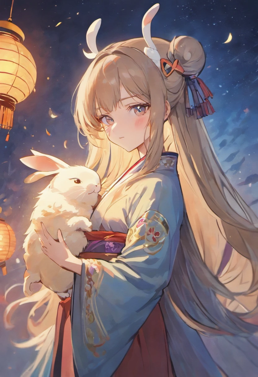 Long-haired girl in Hanfu,Holding the rabbit,Full moon,Ancient Chinese style,Fairy air fluttering, Clear full moon,(Chang'e fairy),(mid-autumn festival),Soft moonlight,young goddess, Photoquality,A detailed face,A detailed face,Quiet moonlight
