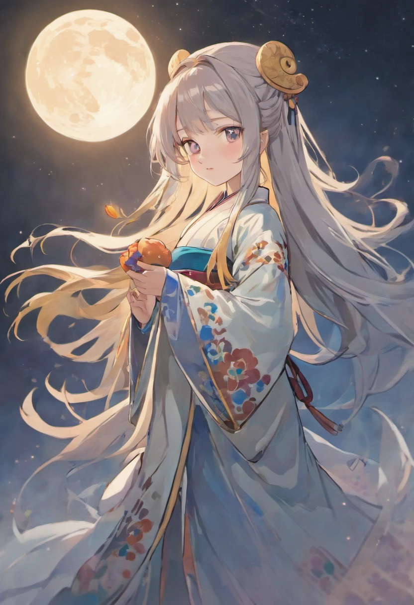 Long-haired girl in Hanfu,Holding the rabbit,Full moon,Ancient Chinese style,Fairy air fluttering, Clear full moon,(Chang'e fairy),(mid-autumn festival),Soft moonlight,young goddess, Photoquality,A detailed face,A detailed face,Quiet moonlight