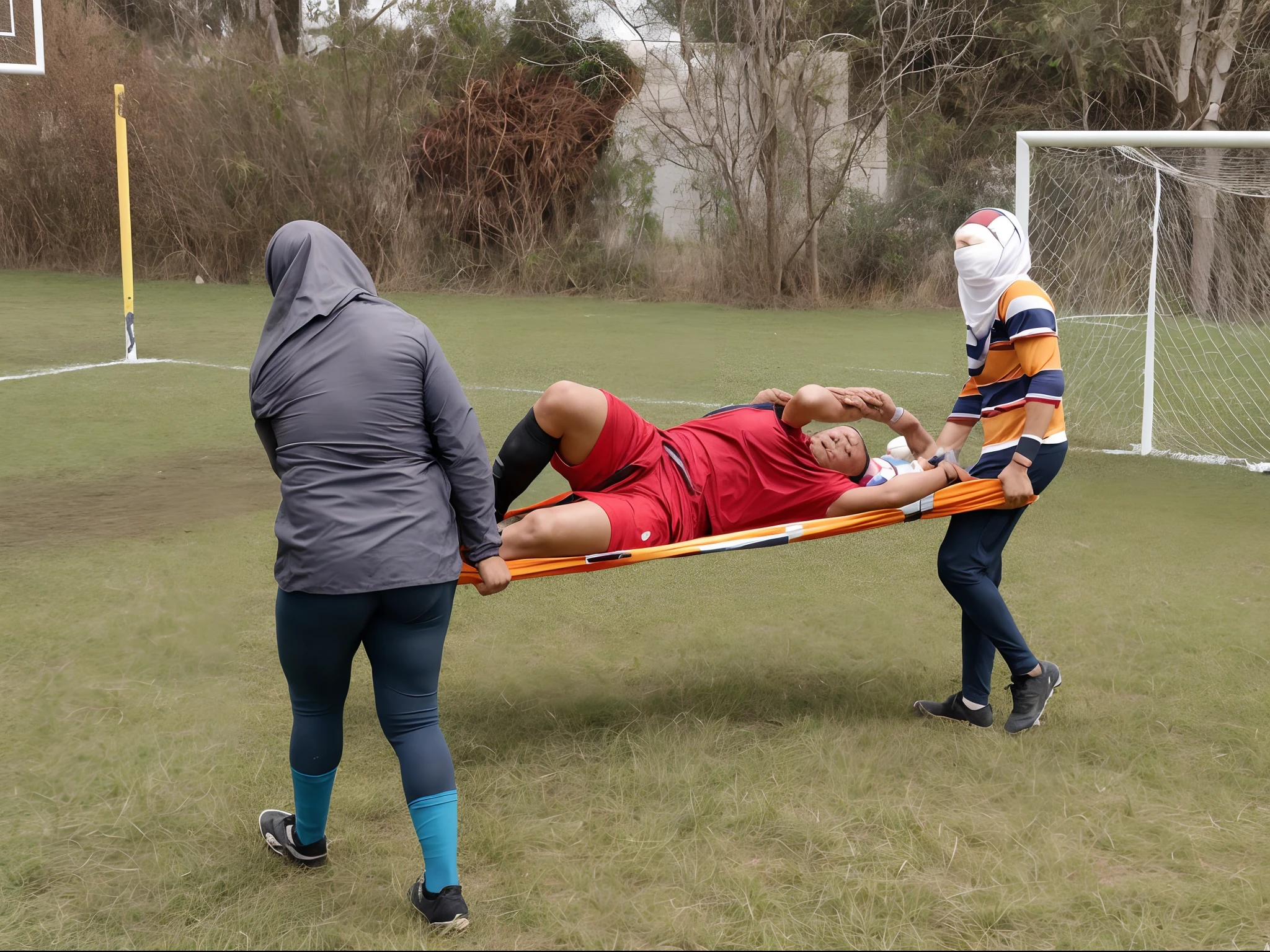 Four very worried looking Malaysian women carry a tarpaulin-hammock between them, Two male legs and two soccer shoes look forward out of the tarpaulin, four very worried looking Malaysian women carry a short-haired male footballer towards us with the help of a tarpaulin, in the tarpaulin lies an injured and unconscious male footballer with short hair and matt sports clothing, the matt t-shirt and the pain-distorted face of the injured athlete protrude over the upper part of the tarpaulin, Four very worried looking Malaysian women transporting an injured male footballer in a tarpaulin, Four very worried looking Malaysian women with shiny hijabs are standing in a filled football stadium, Four very worried looking Malaysian women have an extremely disturbed and shocked facial expression, Four very worried looking hijabi Malaysian women are holding a shiny orange tarp in the middle of them, Four very worried looking Malaysian women come along, The tarpaulin that they are carrying in the midle of them ran towards us, in the tarpaulin lies an injured and unconscious male footballer with short hair and matt sports clothing, the matte t-shirt and the pain-distorted face of the injured athlete protrude over the upper part of the tarpaulin, Two male legs and two soccer shoes look forward out of the tarpaulin