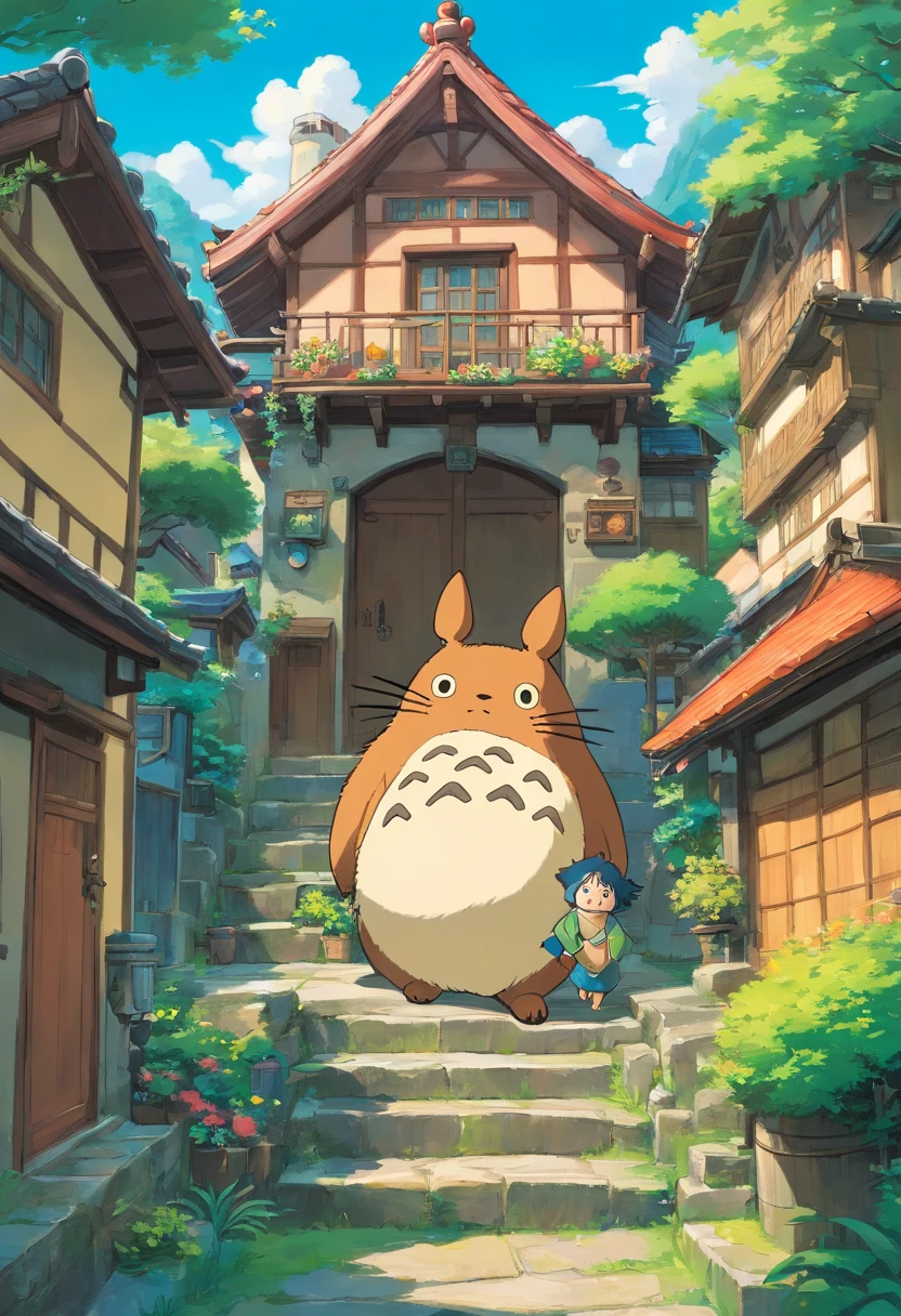 Casas rurales japonesas, Real anime costume design, Viaje de Chihiro, Totoro. Detallado, colorido, cielo azul.