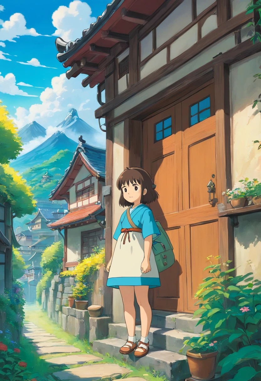 Casas rurales japonesas, Real anime costume design, Viaje de Chihiro, Totoro. Detallado, colorido, cielo azul.