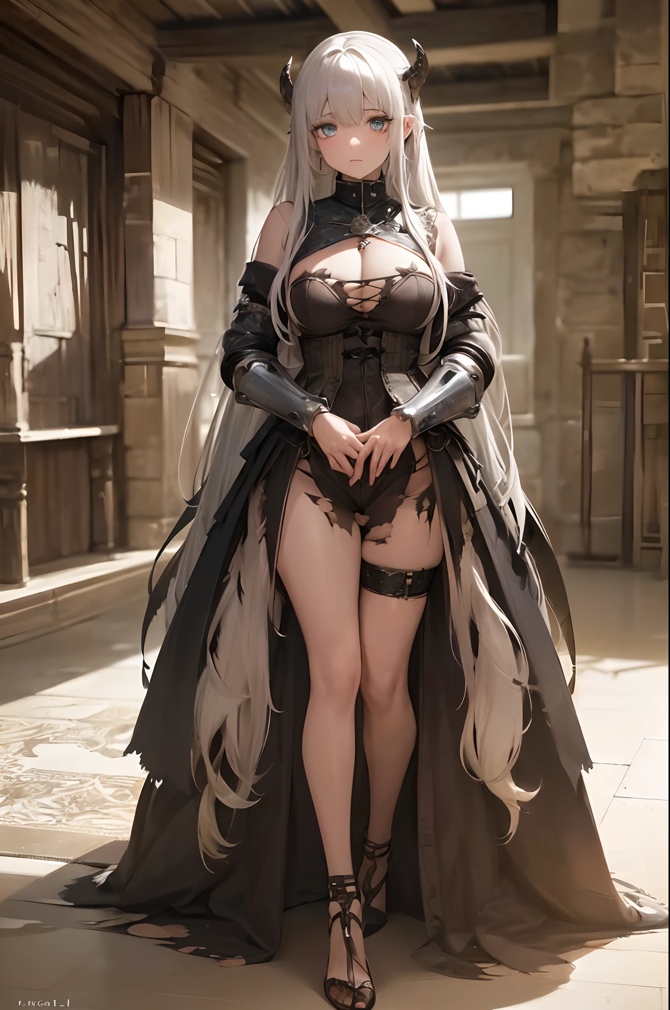 Girl with long white hair, pretty face, (tight medieval torn clothes:1.3), (detailed face and eyes:1.4), (deep cleavage), (gigantic beasts), girl's hands raised high, her hands are in prison handcuffs, (girl on her knees), (inside a medieval prison cell), a (slave iron collar around his neck), (blurred eyeshadow), (sad facial expression).