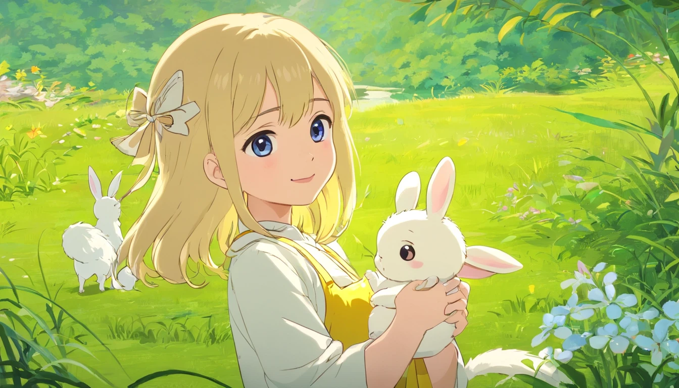 Super cute child，（Ultra Healing Illustration 1.2），Beanie，Super light and shadow，Super light effect，Super reflexes，Extreme texture，Super shadows，Real water，Birds singing by the river，The colors are soft and delicate，（Gentle sunshine 1.2），（Bust close-up 1.3）（smile1.1）（Gentle light 1.2）（Holding a furry little white rabbit 1.2）（Delicate facial features1.3），（Delicate fingers 1.3）