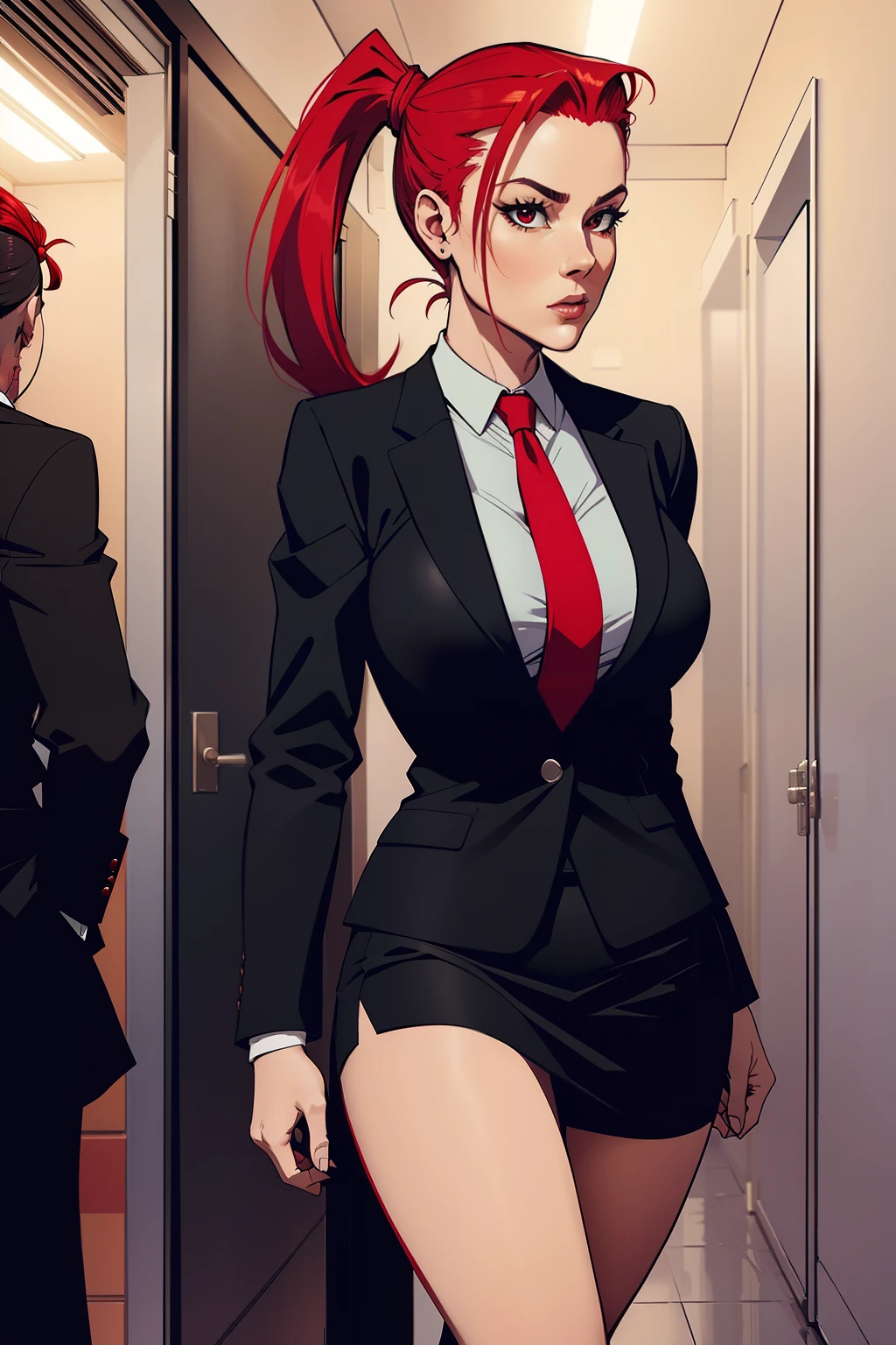 woman, walking while looking at viewer, red ponytail hair, wearing a black office suit, red tie,black office skirt, no background