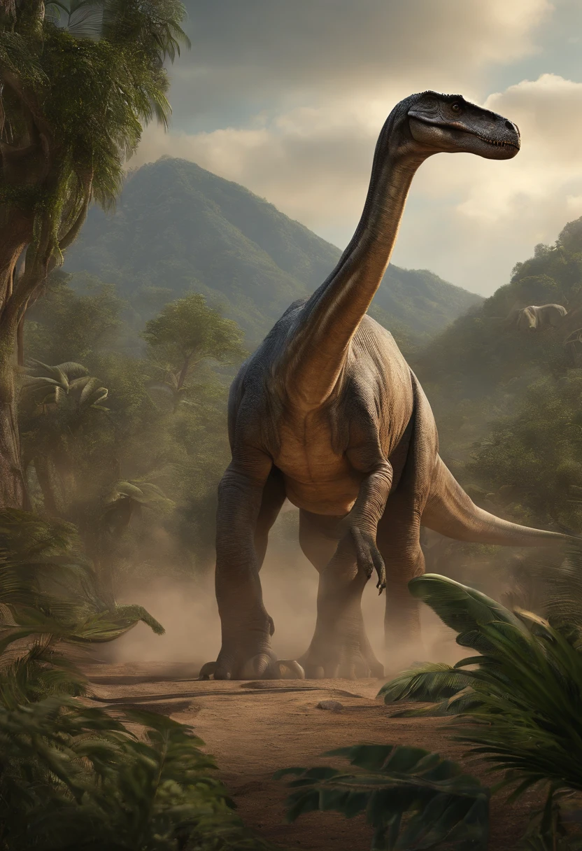 Dinosaurs, characterized by their long necks and tails, along with long, low-slung bodies, typically had two hands and two legs. Some of their plant-eating precursors eventually evolved into the massive sauropods during the late Jurassic period. Their diet was herbivorous. (masterpiece), (ultra-detailed), (8k)