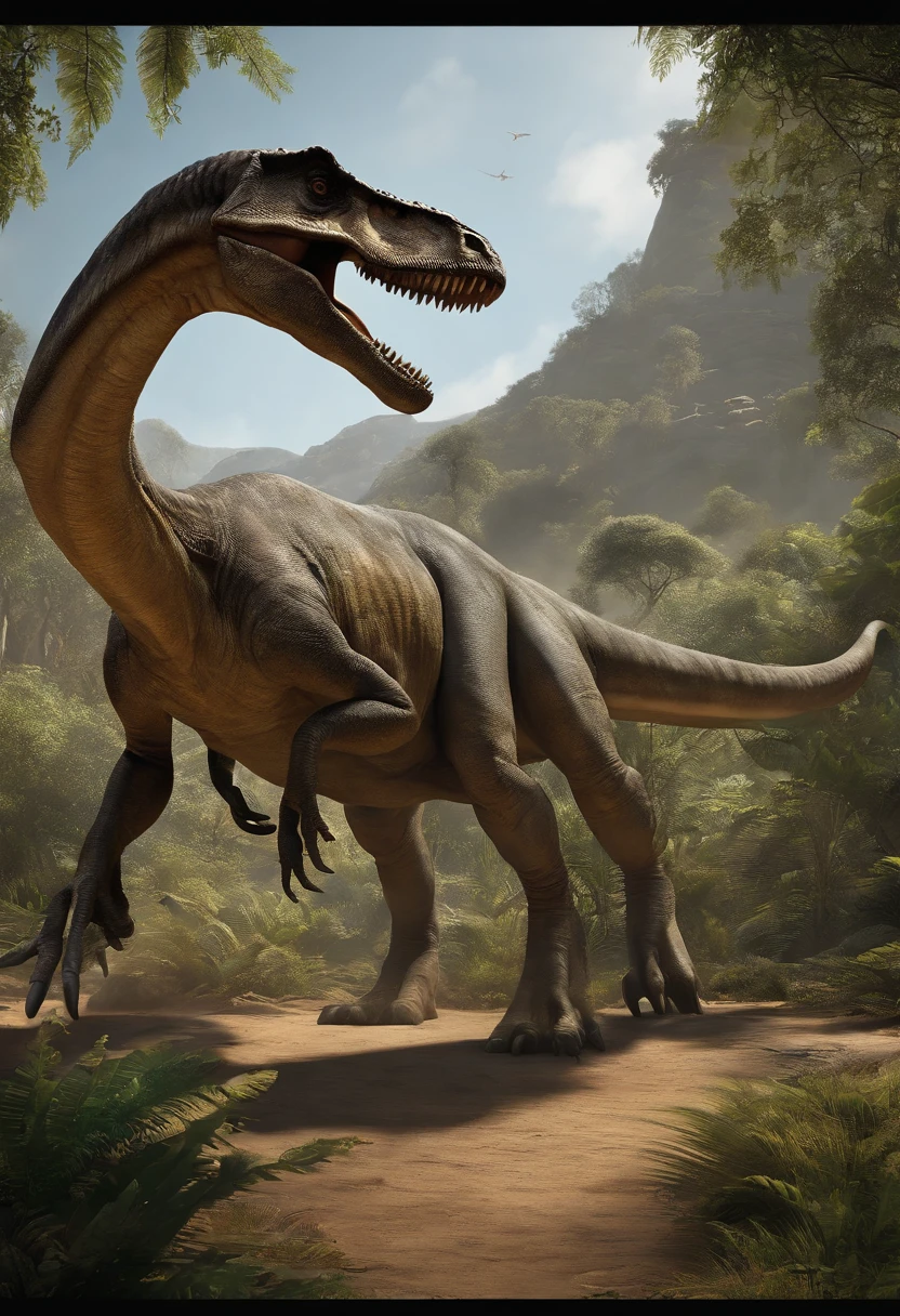 Dinosaurs, characterized by their long necks and tails, along with long, low-slung bodies, typically had two hands and two legs. Some of their plant-eating precursors eventually evolved into the massive sauropods during the late Jurassic period. Their diet was herbivorous. (masterpiece), (ultra-detailed), (8k)
