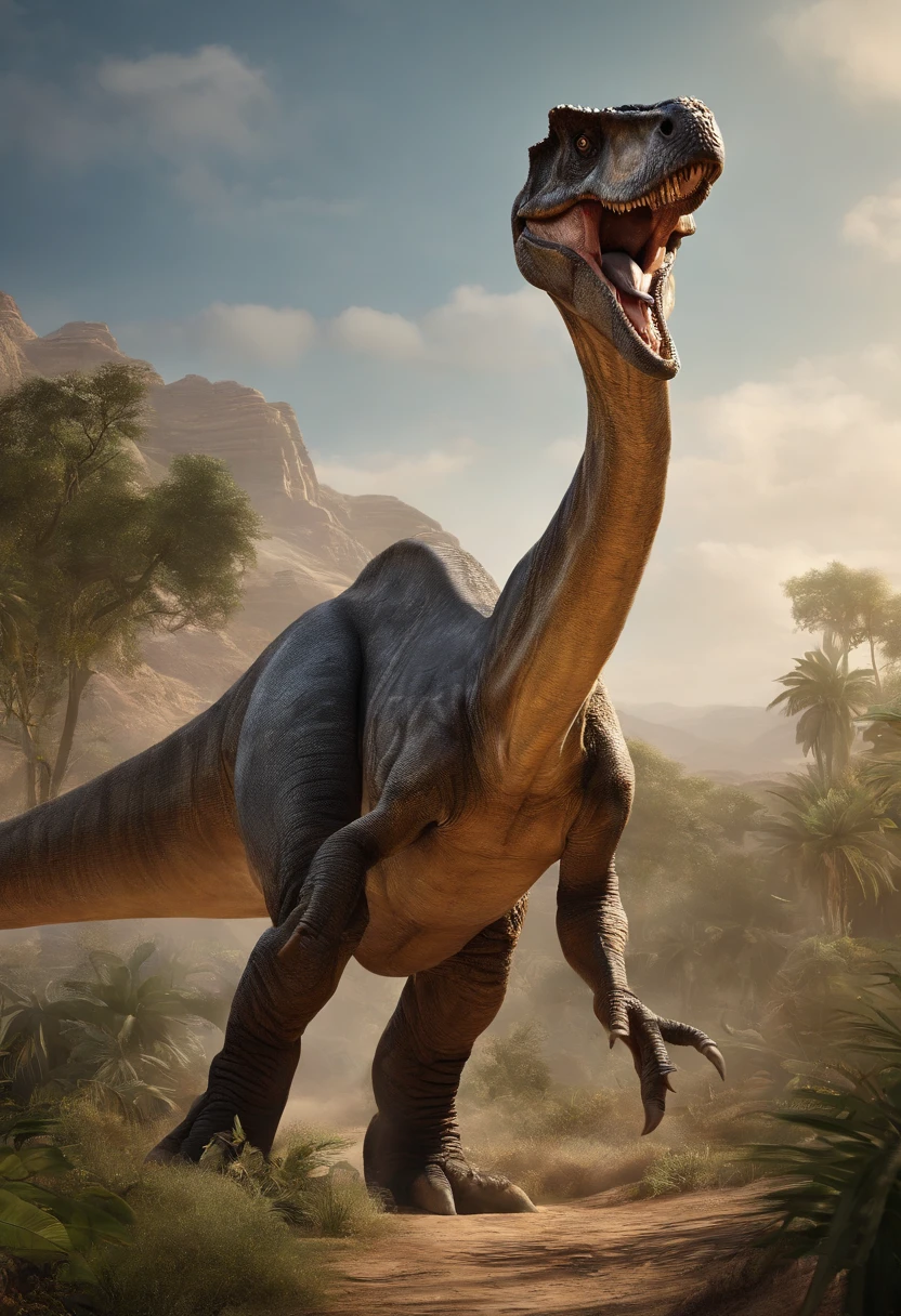 Dinosaurs, characterized by their long necks and tails, along with long, low-slung bodies, typically had two hands and two legs. Some of their plant-eating precursors eventually evolved into the massive sauropods during the late Jurassic period. Their diet was herbivorous. (masterpiece), (ultra-detailed), (8k)