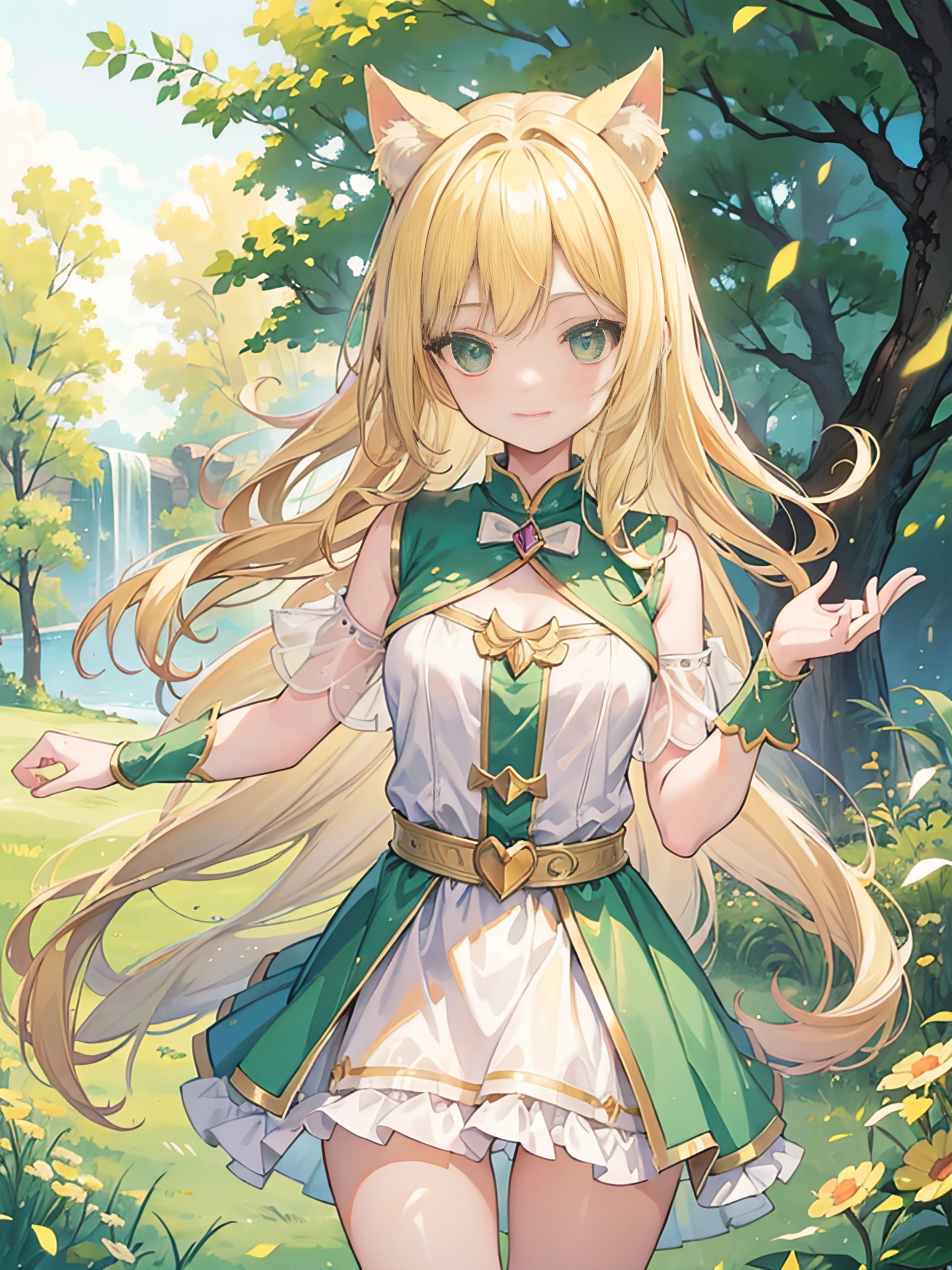 a girl, blond hair, green eyes, long-haired, Blonde Cat Eared Girl, Dawn Hair, Cheerful Girl, age is 18 years old, Fun gestures, Cute Smiling Girl, Mage's costume, sorceress, Fantasy series, Love Magic, Enchantment, Obsessed