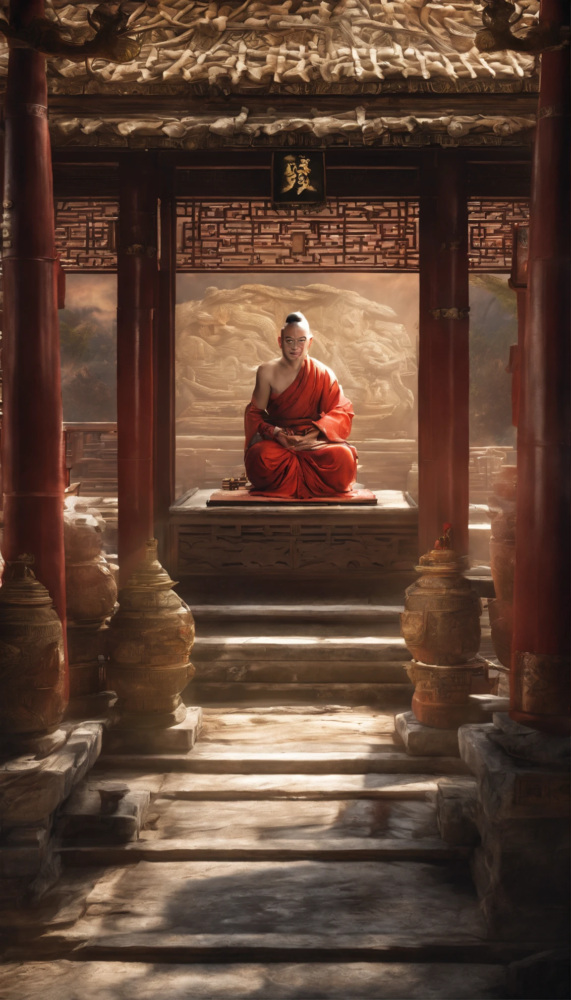 Chinese monk，Divine light, Chinese to pray to heaven, In front of beauty, The moon rises, One hand forward, Relationship with the Buddha Lord, Photo portrait,8K surrealism。