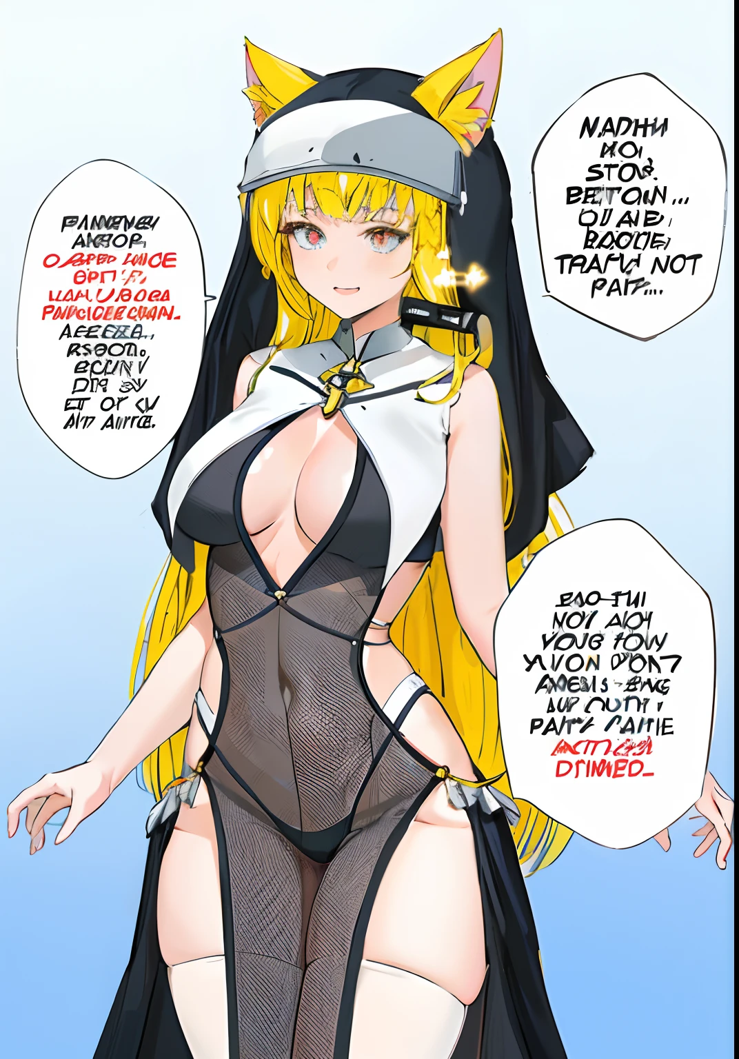 Anime girl in cat suit with cat hat and cat tail, Divine rays over her head, nun outfit, Dressed like a priest, ecchi anime style, nun, nun fashion model, Anime goddess, Bible Female Android, Anime Maid SS Military, The Wicked Nun, Flirt anime witch casting magic, ecchi style, Black White Skin Tight Robe!, sparks, breakdown