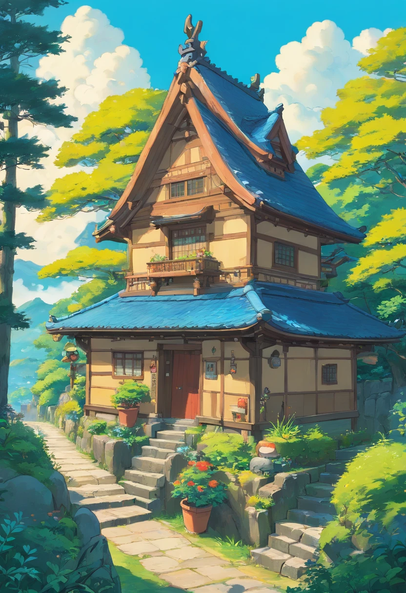 Casas rurales japonesas, Real anime costume design, Viaje de Chihiro, Totoro. detallado, colorido, cielo azul.