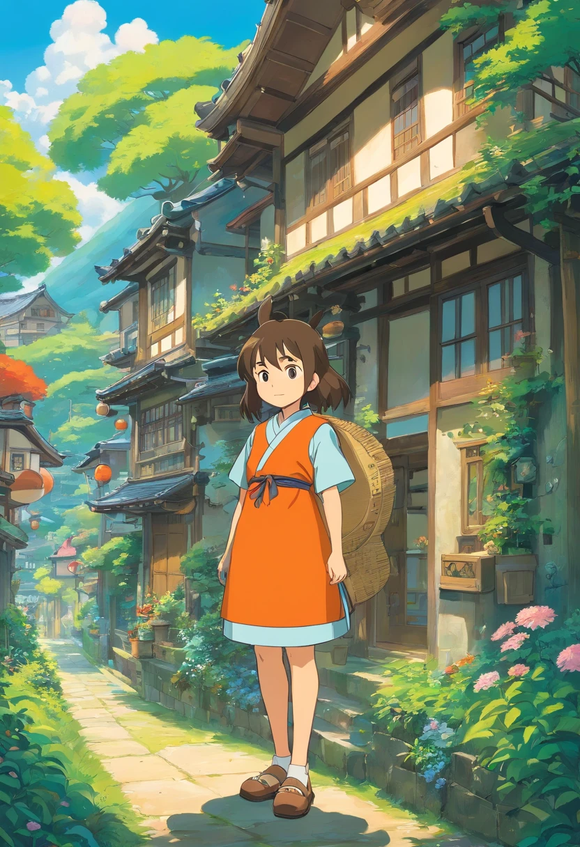 Casas rurales japonesas, Real anime costume design, Viaje de Chihiro, Totoro. detallado, colorido, cielo azul.