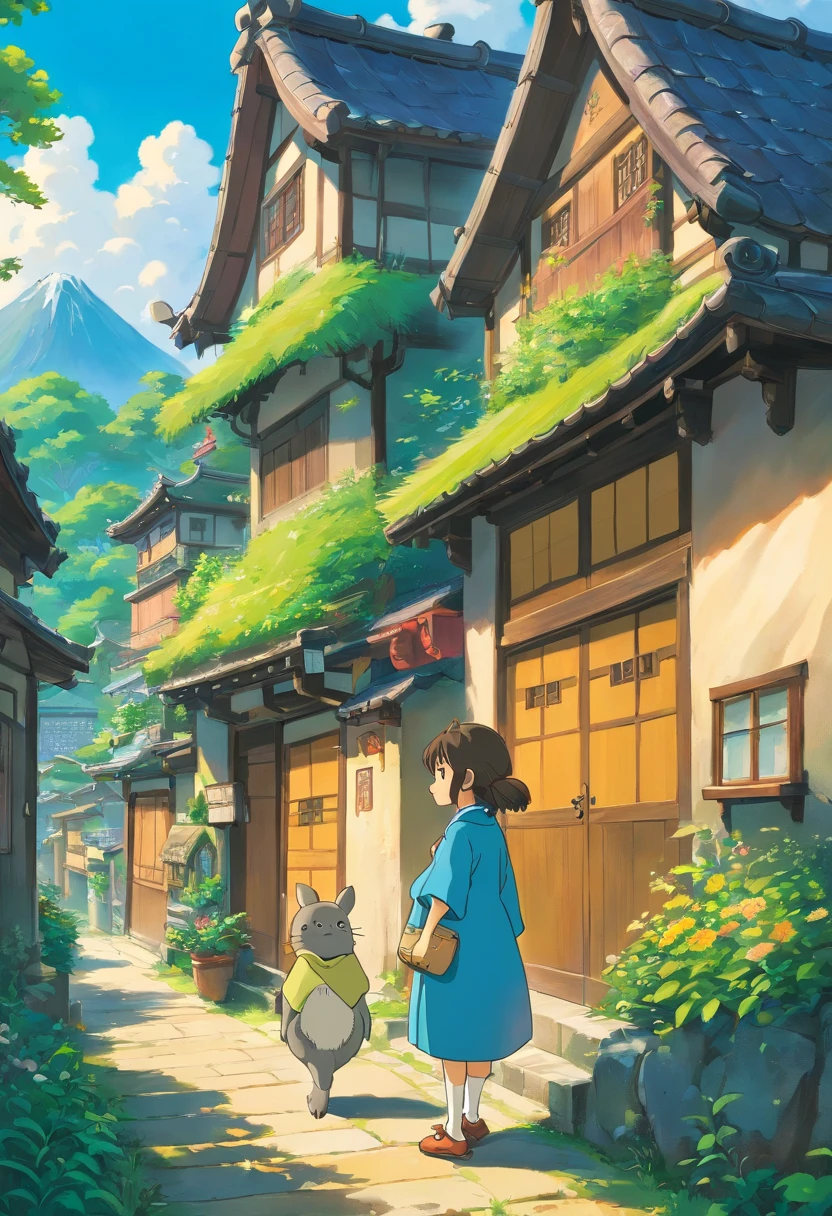 Casas rurales japonesas, Real anime costume design, Viaje de Chihiro, Totoro. detallado, colorido, cielo azul.