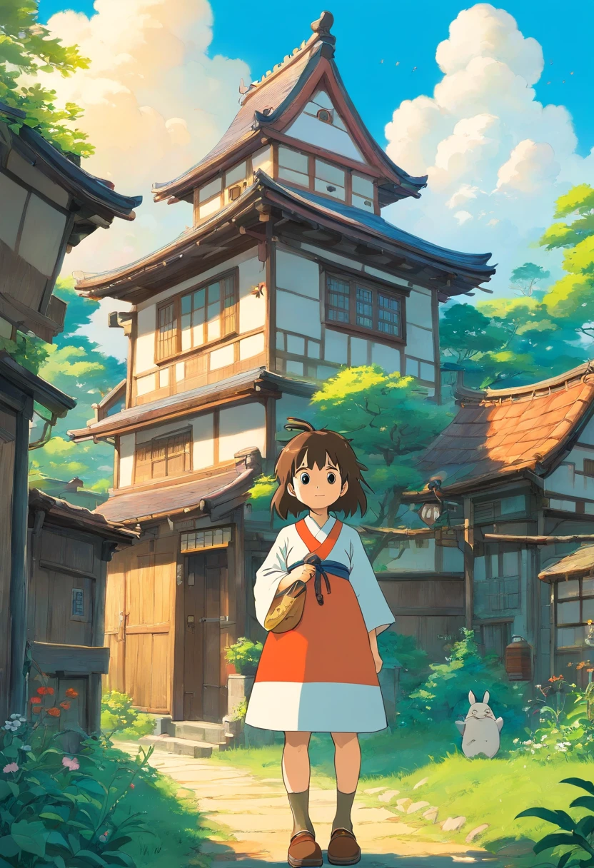 Casas rurales japonesas, Real anime costume design, Viaje de Chihiro, Totoro. detallado, colorido, cielo azul.