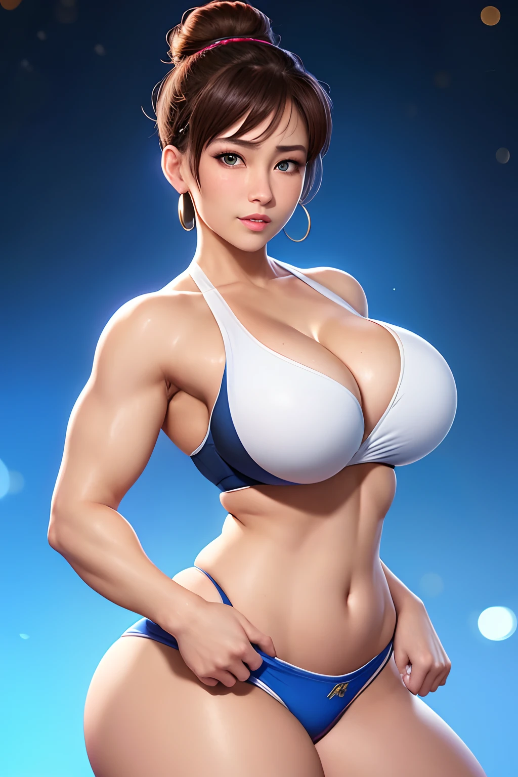 Chun Li Street Fighter art by Artgerm, anime half-body portrait of a model ((HH-size breasts, very Thick thighs, athletic build, feminine form, lythe body, black hair, twin buns, 20 years old, cleavage)), crop top, ripped lowrider jeans, showing too much skin, revealing, full body, cheerful smile, 4k, beautiful woman with soft blue eyes, key light reflected in the eyes, posing for the camera, painted background, studio portrait, soft light, bezel lighting, shimmer in the eyes, bokeh background, picturesque, 8K, HDR, RGB, Ultra-HD