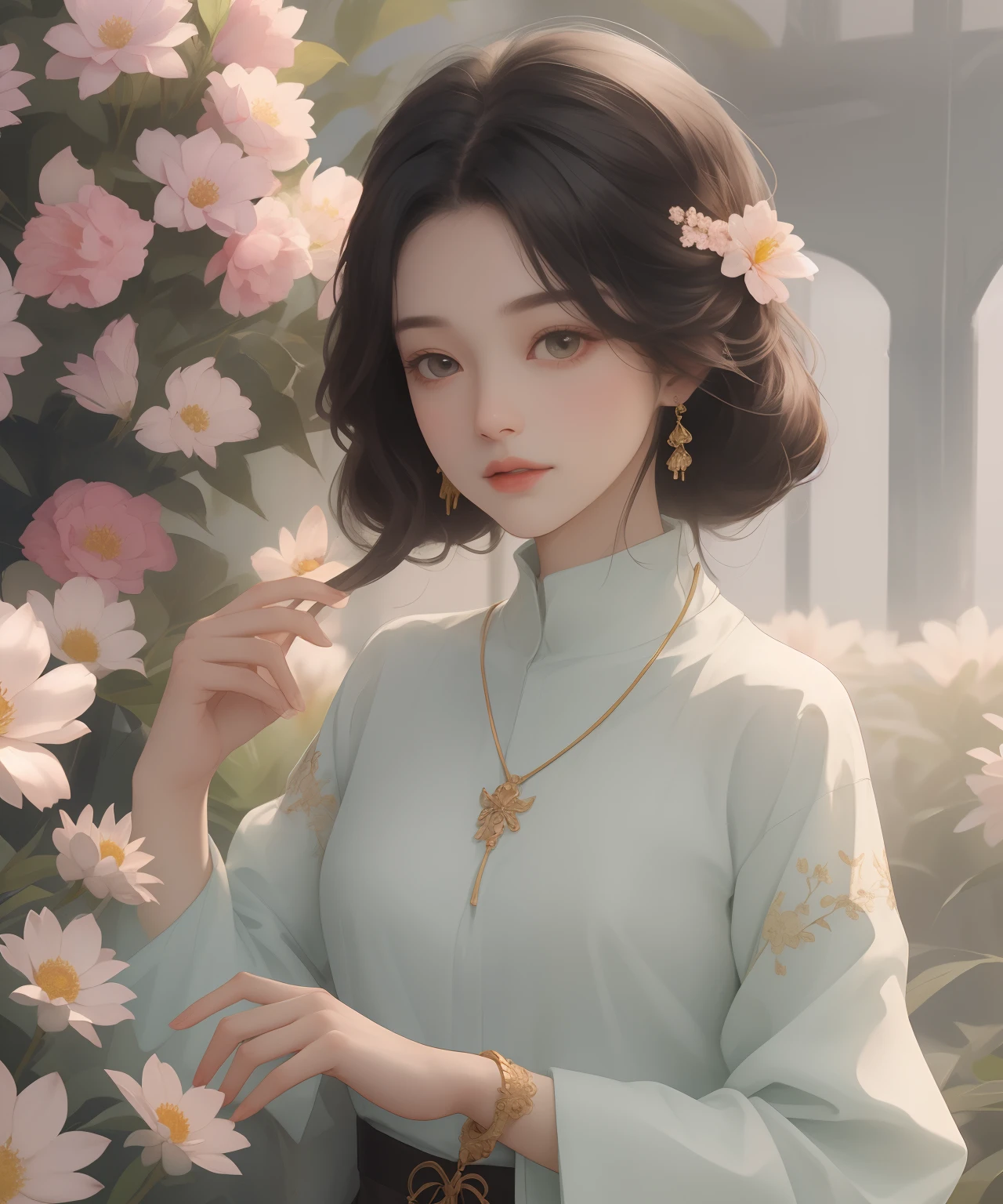 Best quality、tmasterpiece、A high resolution、Flat-chested girl、Flat and slim body，flatchest，Cream tulle porcelain turtleneck dress、Light gauze dress、Delicate hair accessories、Fine Necklace、detailed jewellery、pretty  face、Exquisite facial features，Black bright eyes、Physically、Flat and slim body、Flat-chested Tyndall effect、realisticlying、Shadow Studio、Surrounded by flowers，Light green flowers，A large field of flowers，edge lit、bicolor lighting、（highdetailskin：1.2）、（flatchest，smallunderboob）、8K, Ultra HD、Digital SLR、softlighting、high high quality、volumettic light、sneak shot、photore、A high resolution、4K、8K、The background is blurred out，