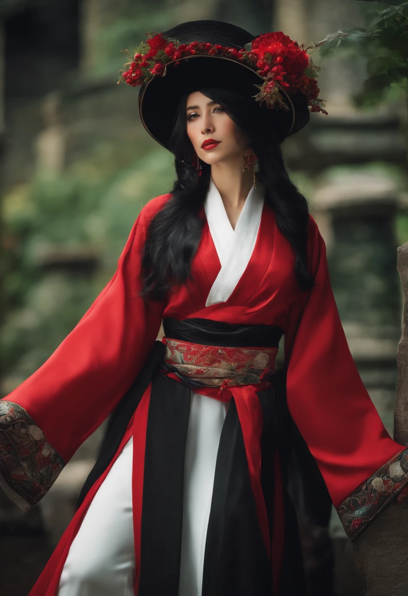 Mittelalter Setting. A woman with black hair and occasionally with shiny red strands. Sie hat intensive, green eyes. Wears a red, white kimono and wears black leather leggings
