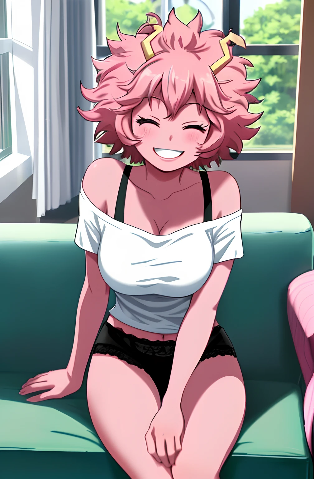 [mina ashido], [Boku no hero academia], ((masterpiece)), ((solo portrait)), ((cute)), ((High definition)), ((anime)), ((Kohei Horikoshi)), ((beautiful render art)), ((detailed shading)), ((cel shading)), ((intricate details)), {mina ashido; (pink skin), (curly yellow horns), long eyelashes, eyes closed, curly pink hair, short eyelashes, large boobs, (beautiful slightly muscular legs), (excited smile), (white teeth), (blushing)}, {(pink off-shoulder tee shirt), black panties}, {(sitting on couch), (looking at viewer), (hands in lap)}, [Background; (living room), (window), (sun rays)]