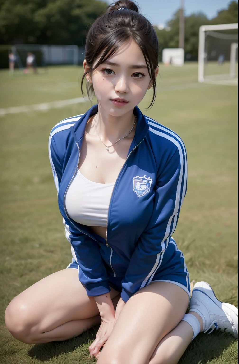 1 very beautiful and beautiful high school student，Wear blue and white tracksuits，Play with the ball on the grass of the football field，（On the grass:1.02），Super high value，perfect body figure，Beautiful short hair，Delicate hair，Fair face and skin，Beads of sweat on the forehead，Have fun on the playground，（（（The chest is huge））），Breasts are full and straight:1.5，（The tracksuit on the chest is high and bulging, Tightness and bulging:1.5），Delicate fair and soft toes，White and delicate fingers，（Delicate sneakers:1.5），Focus on the chest，fully body photo