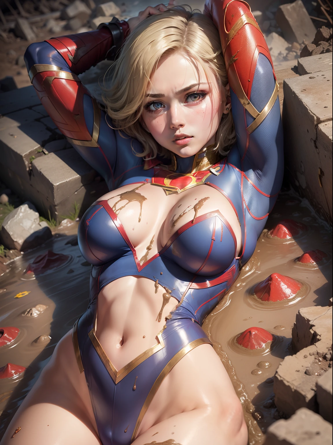 ​masterpiece、Short-haired Supergirl lying in the rubble、large full breasts、Looking at the camera、Glossy costume、Crotch、wounded、Mud stains、Covered in mud、Exhausted