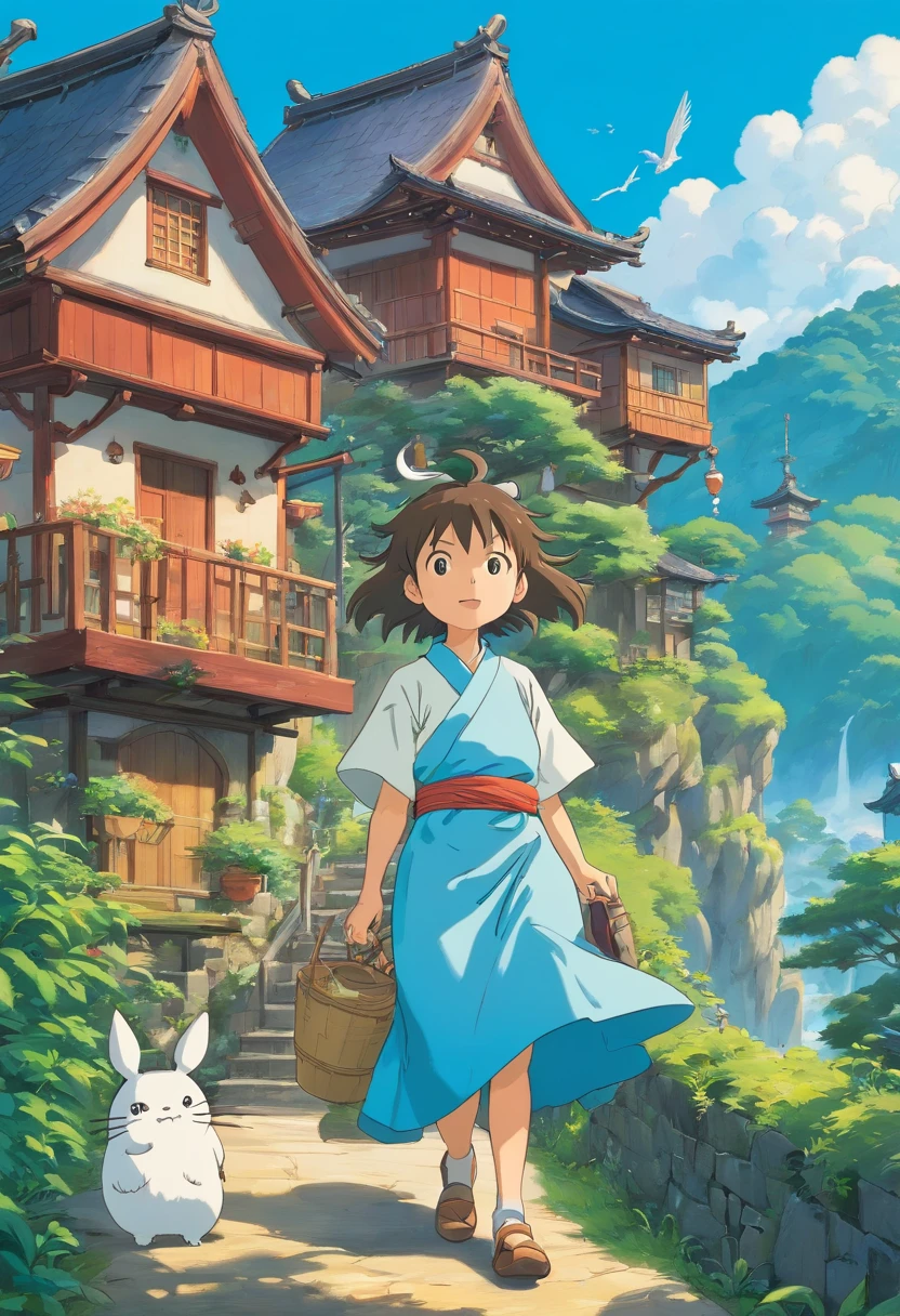 Casas rurales japonesas, Real anime costume design, Viaje de Chihiro, Totoro. detallado, colorido, cielo azul con dragon blanco volando