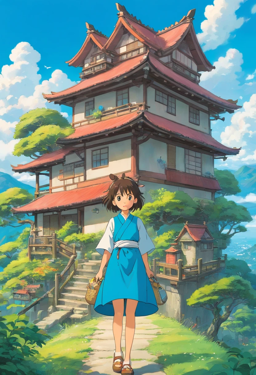 Casas rurales japonesas, Real anime costume design, Viaje de Chihiro, Totoro. detallado, colorido, cielo azul con dragon blanco volando