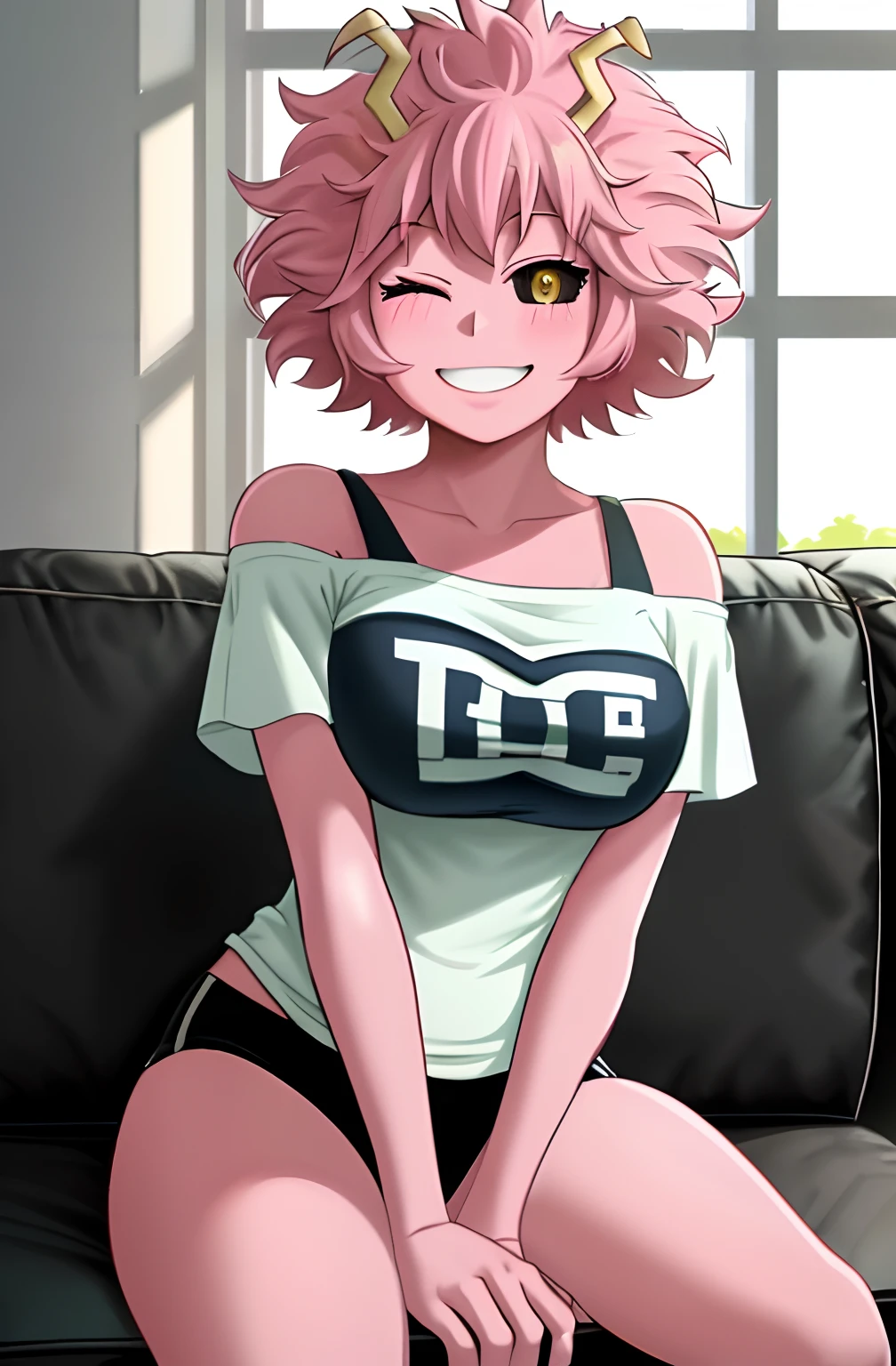 [mina ashido], [Boku no hero academia], ((masterpiece)), ((solo portrait)), ((cute)), ((High definition)), ((anime)), ((Kohei Horikoshi)), ((beautiful render art)), ((detailed shading)), ((cel shading)), ((intricate details)), {mina ashido; (pink skin), (curly yellow horns), long eyelashes, (cute yellow eyes with black sclera), (1 eye closed), curly pink hair, short eyelashes, large boobs, (beautiful slightly muscular legs), (excited smile), (white teeth), (blushing)}, {(pink off-shoulder tee shirt), black panties}, {(sitting on couch), (looking at viewer), (hands in lap)}, [Background; (living room), (window), (sun rays)]