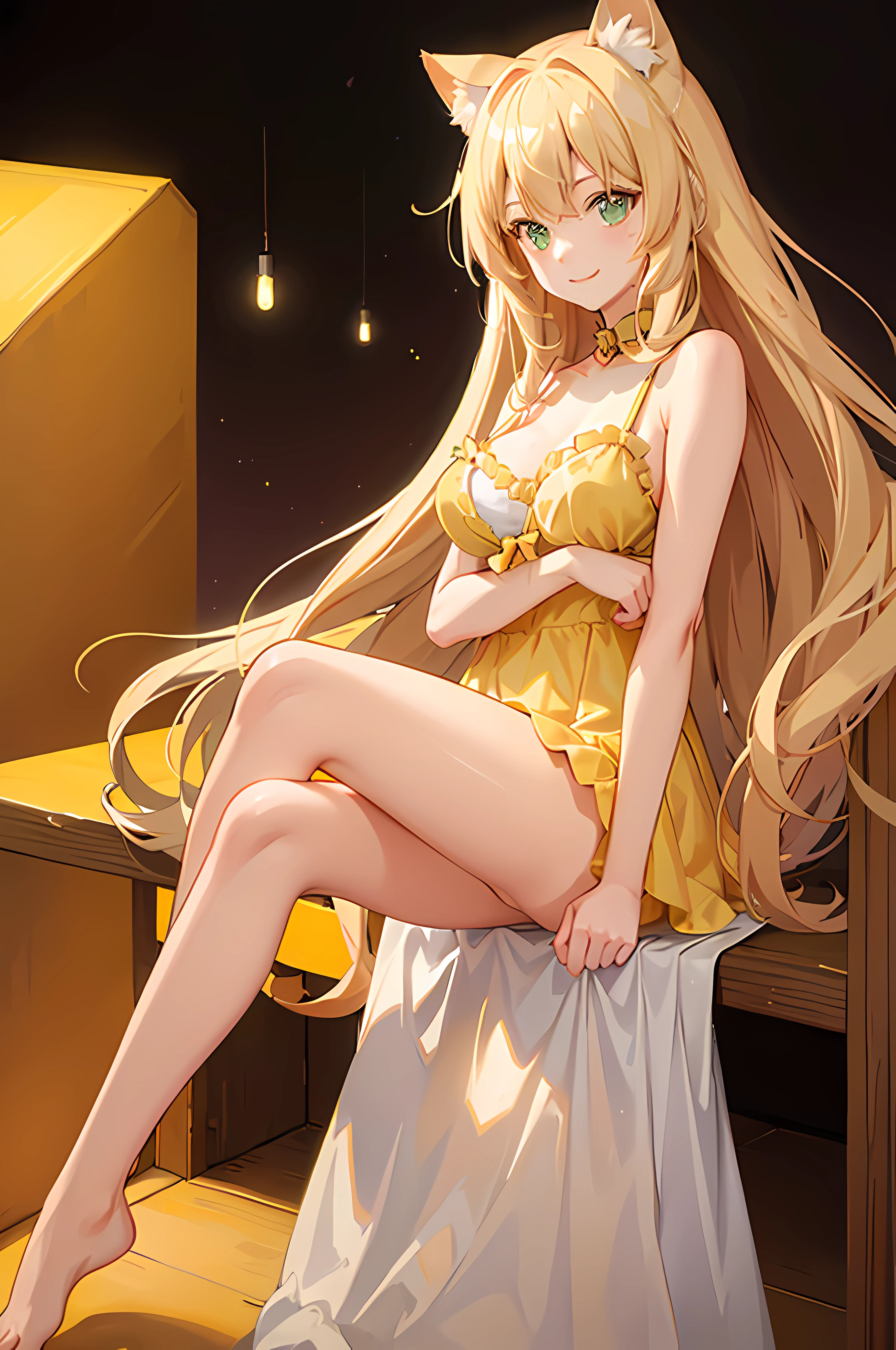 a girl, blond hair, green eyes, long-haired, Yellow Cat Ear Girl, Dawn Hair, Cute Smiling Girl, age is 18 years old, Perfect breast size, red cheeks,