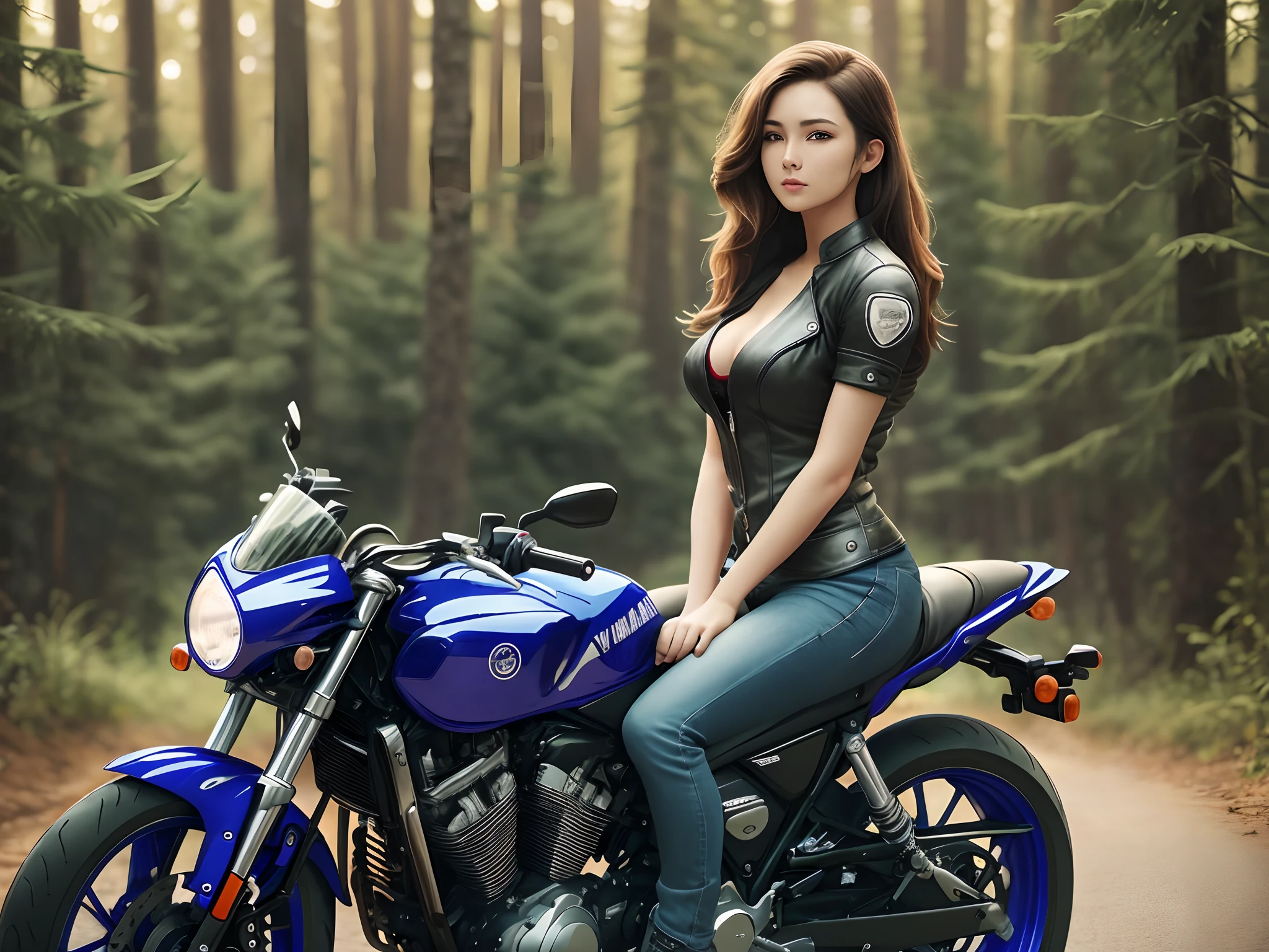Very attractive woman sitting on a motorcycle. The bike is Yamaha. In the background is a forest, , spread your legs --auto --s2