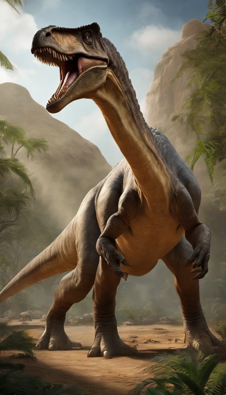 Dinosaurs, characterized by their long necks and tails, along with long, low-slung bodies, typically had two hands and two legs. Some of their plant-eating precursors eventually evolved into the massive sauropods during the late Jurassic period. Their diet was herbivorous. (masterpiece), (ultra-detailed), (8k)