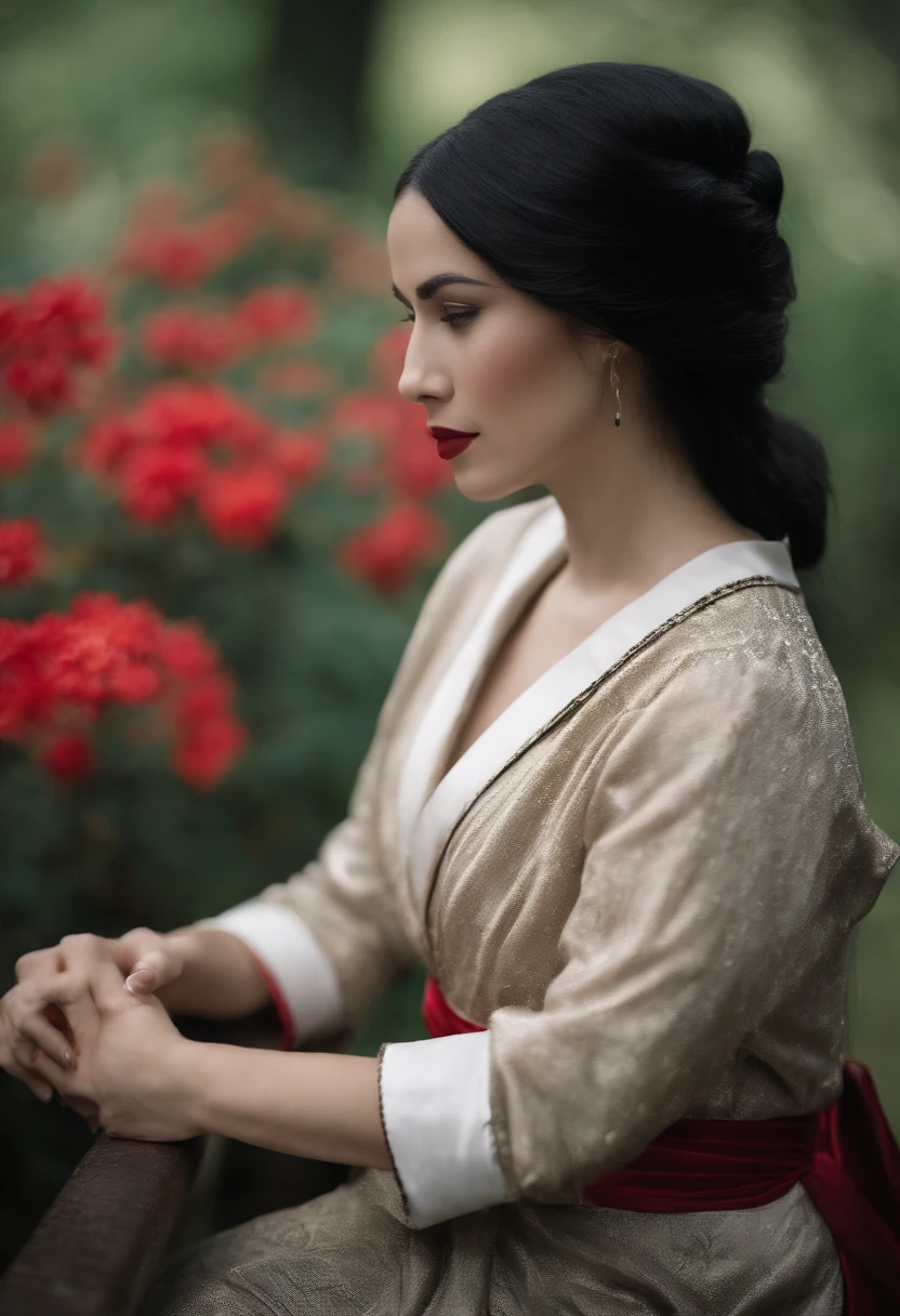 Mittelalter Setting. A woman with black hair and occasionally with shiny red strands. Sie hat intensive, green eyes. Wears a red, white kimono and wears black leather leggings