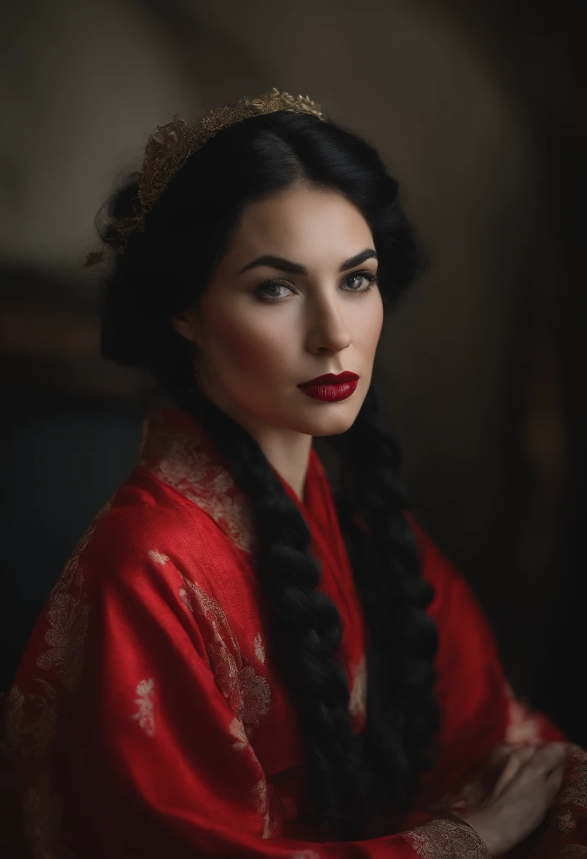 Mittelalter Setting. A woman with black hair and occasionally with shiny red strands. Sie hat intensive, green eyes. Wears a red, white kimono and wears black leather leggings