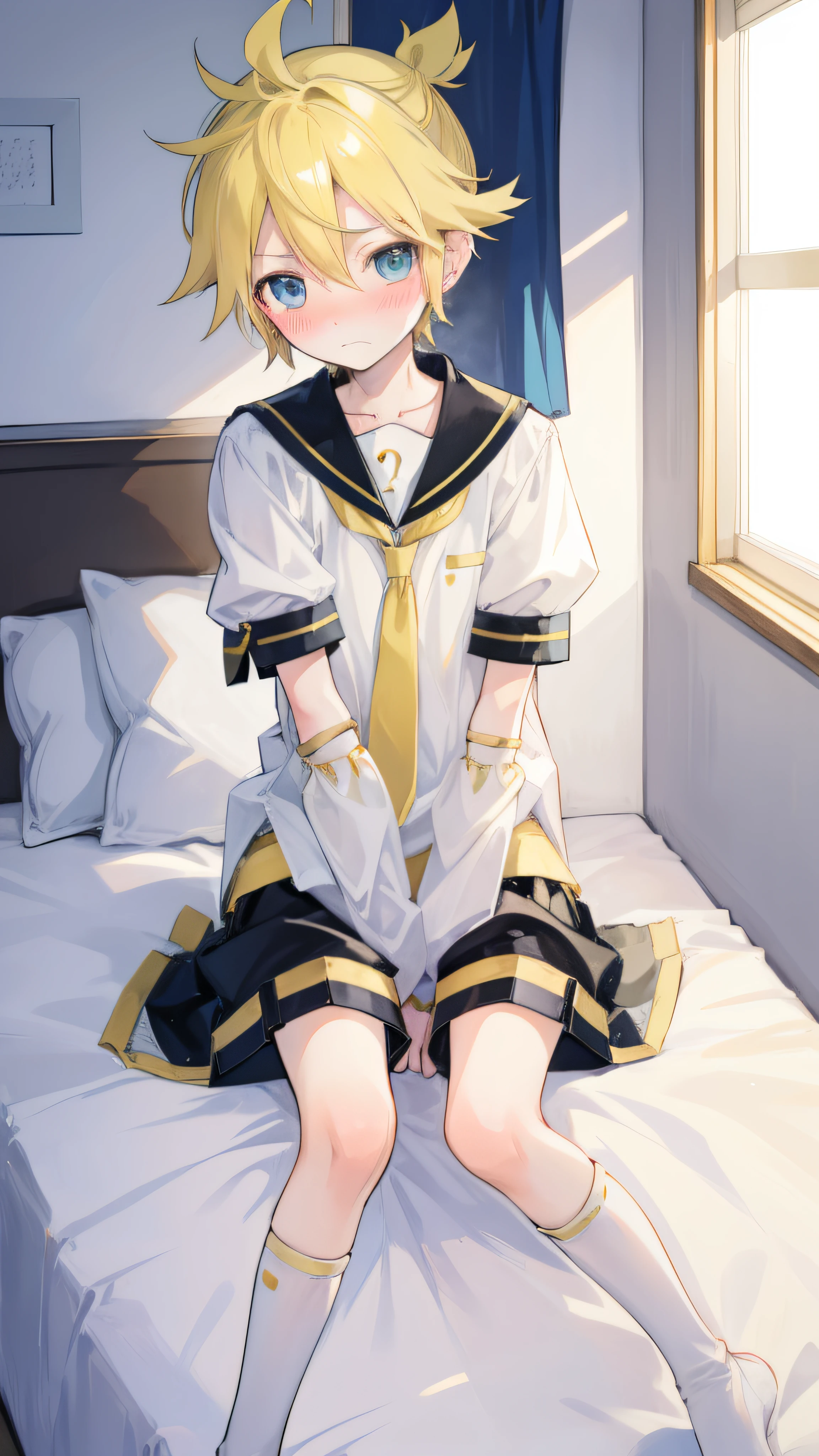 one boy, Kagamine Len, sailor uniform, short pants, sitting on bed, (blush), cowlick, cool, handsome, (embarrassed)