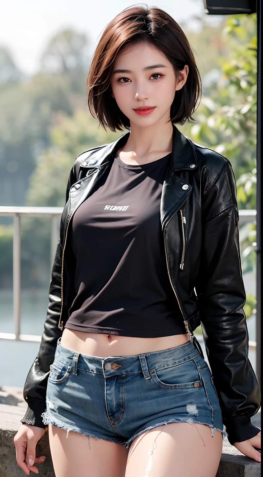 1girl, ((extreme detail)), (ultra-detailed), (best quality, 4k, 8k, highres, masterpiece:1.2), (realistic, photorealistic, photo-realistic:1.37), (extremely detailed CG unity 8k wallpaper), (an extremely delicate and beautiful), fine detail, insane details, sharp focus, soft back, soothing tones, hyperdetailed, low contrast, exposure blend, illustration, film grain, beautiful lighting, perfect lightning, precise proportions,
(perfect female figure), blush,
(streets on background), rainy day, background blur,
(short-length hair, partedhair:1.45),
(slender abs),
(tight black t-shirt with jeans jacket on, open jacket), (denim shorts), (smile:1.2), (wet-body:1.4), (wet-hair:1.3),