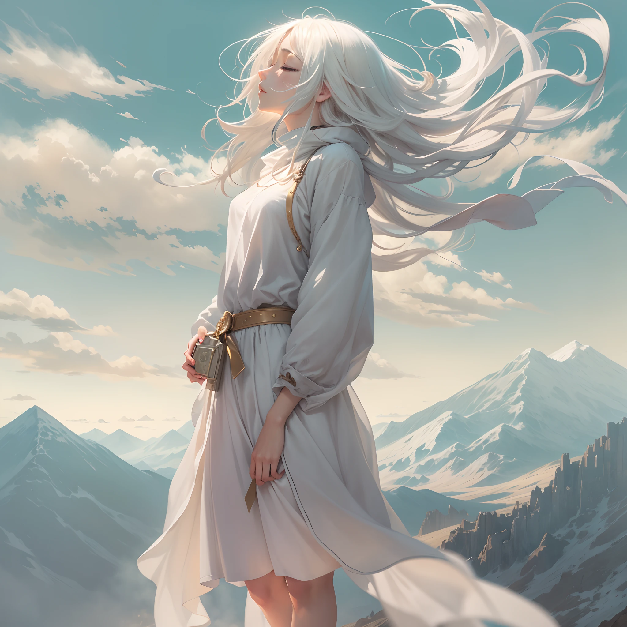 Anime, 1 girl, full body of a beautiful girl, in profile, closing her eyes, her short white hair flowing in the wind, standing on the top of the mountain with her arms open, the wind blowing behind her, golden ratio composition , the vanishing point above the ankle of the feet. She stands on the left side of the composition, on the right side, observing the city in the distance,