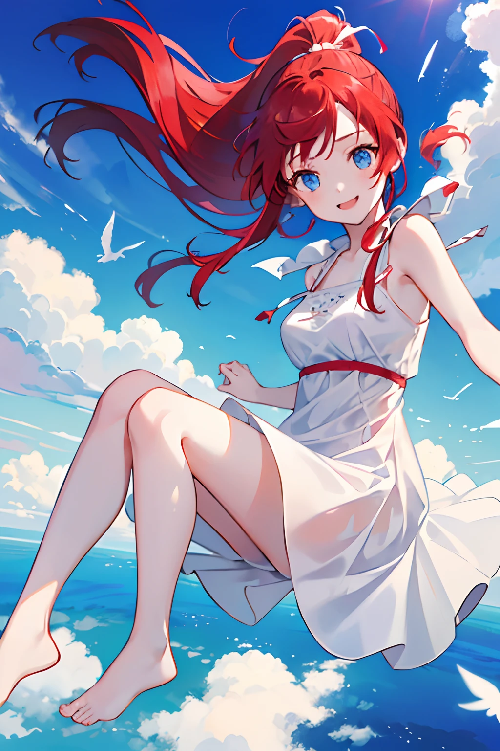 1girl, (young girl), red hair, long hair, (ponytail), ponytail, blue eyes, (wearing a white sundress), beautiful dress, ((flying in the sky)), ((flying in the above)), (with legs floating in the air), ((in the sky)), (in the above), smiling, happy, blue sky, clear sky, the sun, many clouds, (((detail face)))