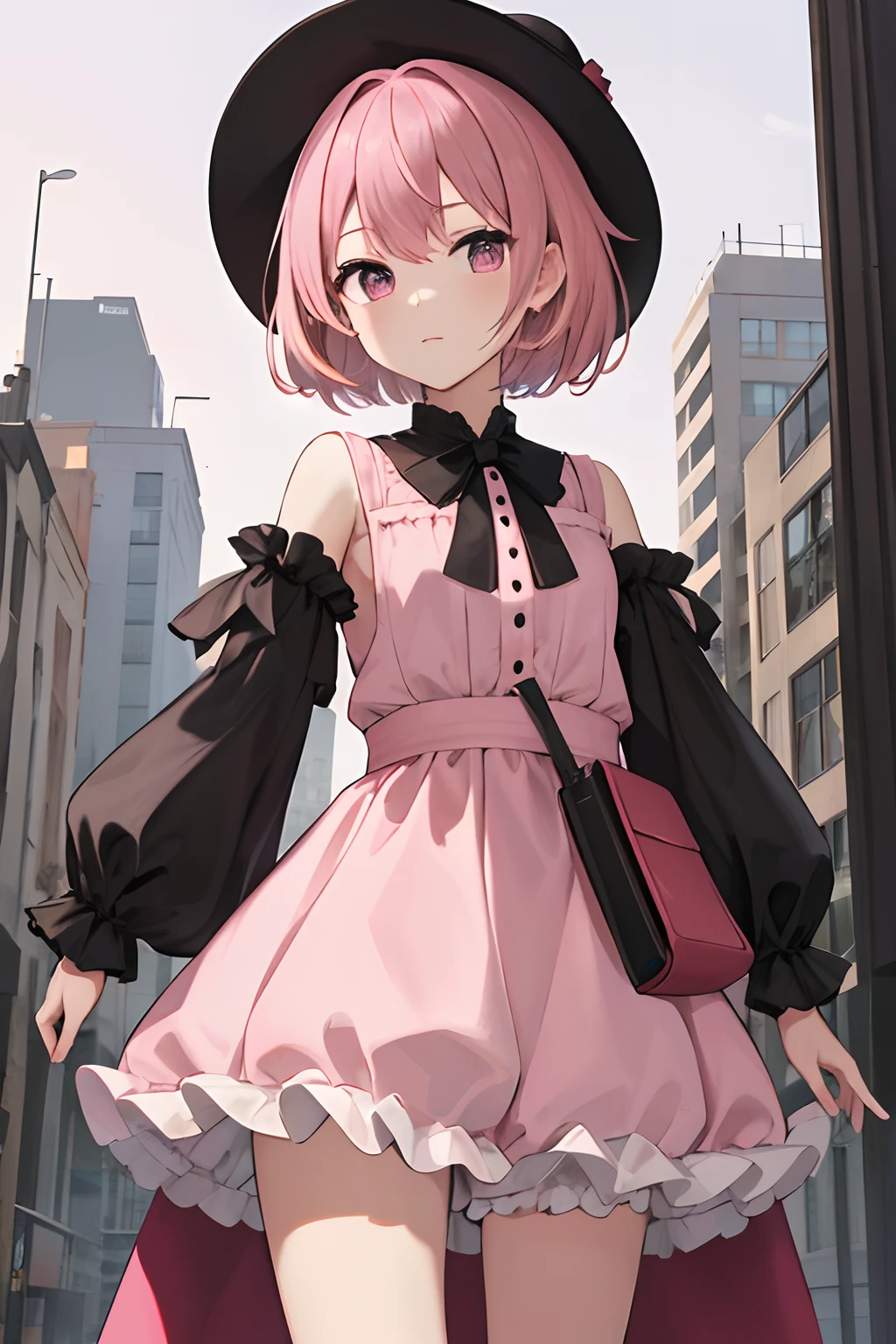 masterpiece, best quality, highres, hmaw1, short hair, ((pink hair)), hat, black dress, long sleeve, black sleeves, white bloomers, cowboy shot, standing, holding a  gun, city background