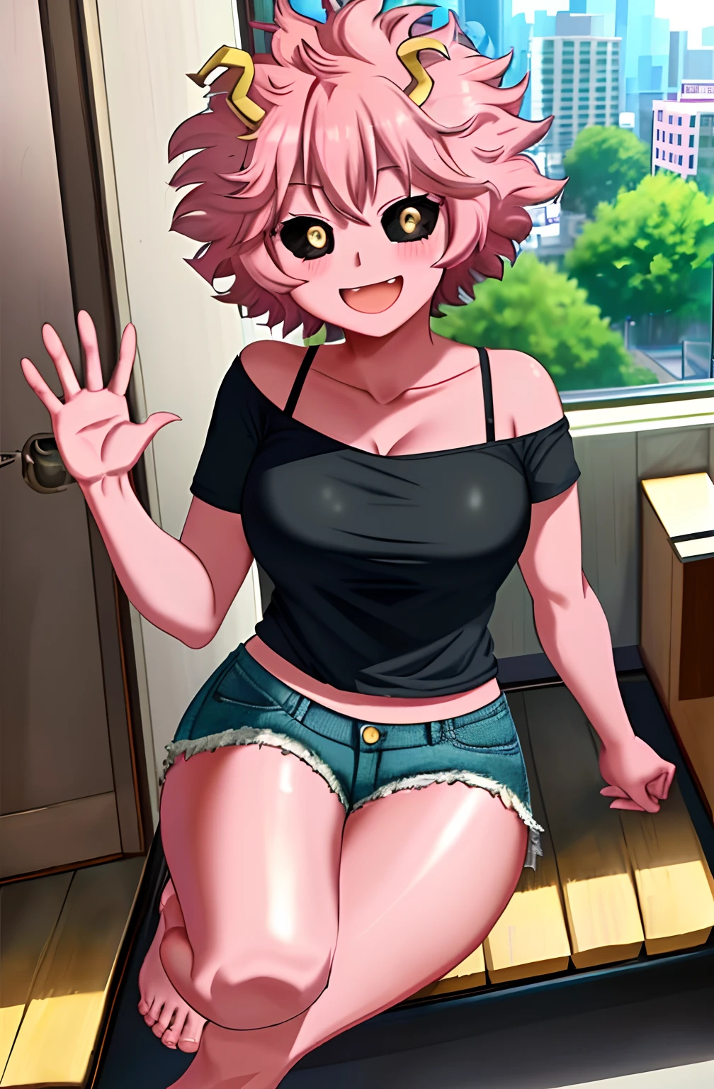 [mina ashido], [Boku no hero academia], ((masterpiece)), ((solo portrait)), ((bird's-eye view)), ((feet visible)), ((cute)), ((High definition)), ((anime)), ((Kohei Horikoshi)), ((detailed shading)), ((intricate details)), {mina ashido; (pink skin), big round black eyes, yellow pupils, curly pink hair, short eyelashes, large boobs, beautiful legs), (excited smile), (mouth open), (blushing)}, {(pink off-shoulder tee shirt), denim short shorts, (slightly muscular legs)}, {(waving at viewer), (looking at viewer)}, [Background; (living room), (window), (sun rays)]