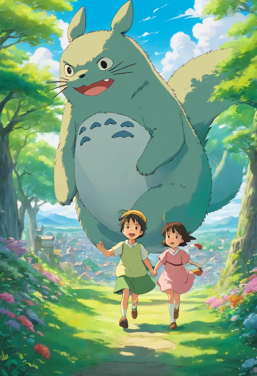 children playing, en un prado verde, Real anime costume design, Viaje de Chihiro, Totoro. detallado, colorido, cielo azul con dragon blanco volando.