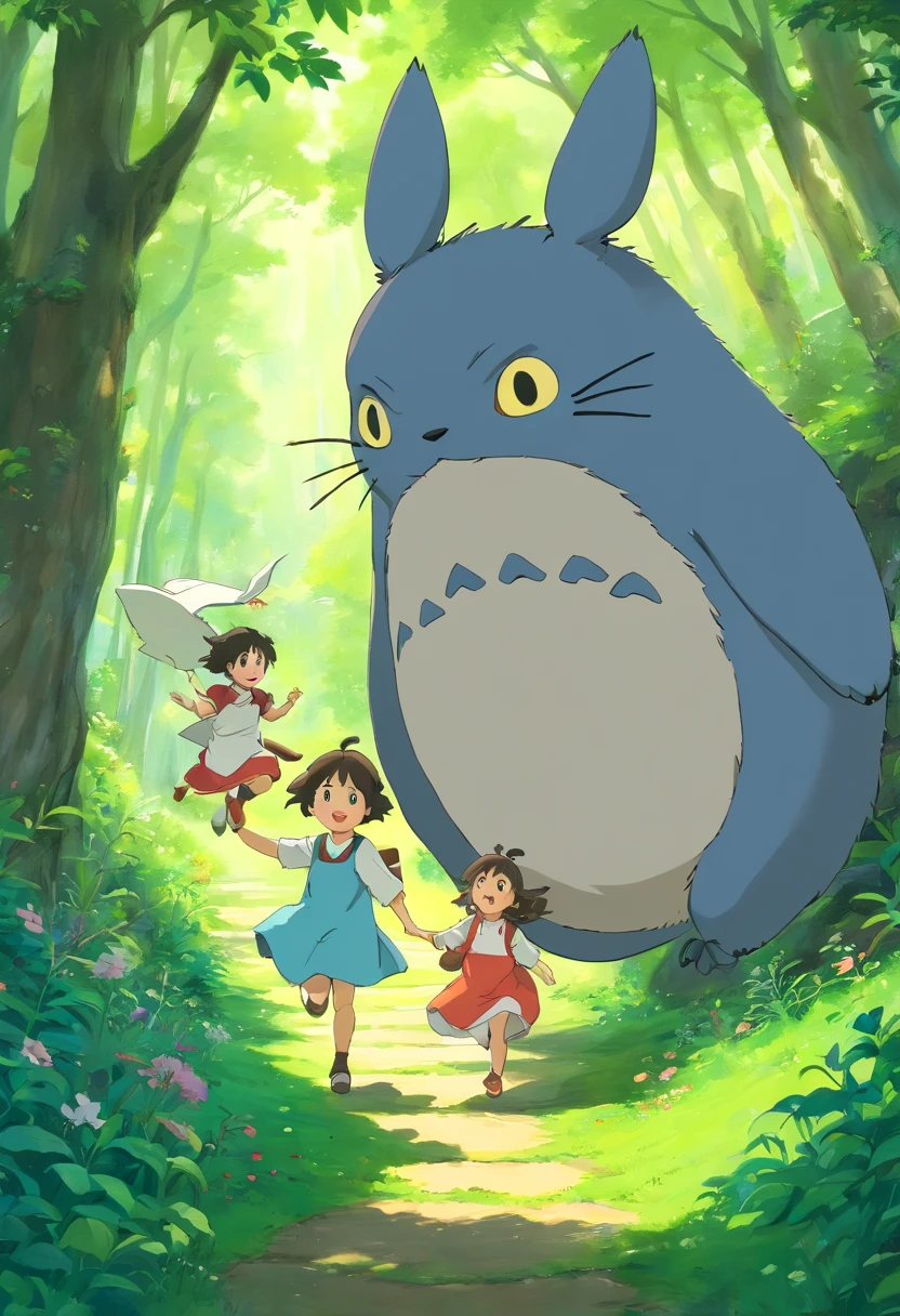 children playing, en un prado verde, Real anime costume design, Viaje de Chihiro, Totoro. detallado, colorido, cielo azul con dragon blanco volando.