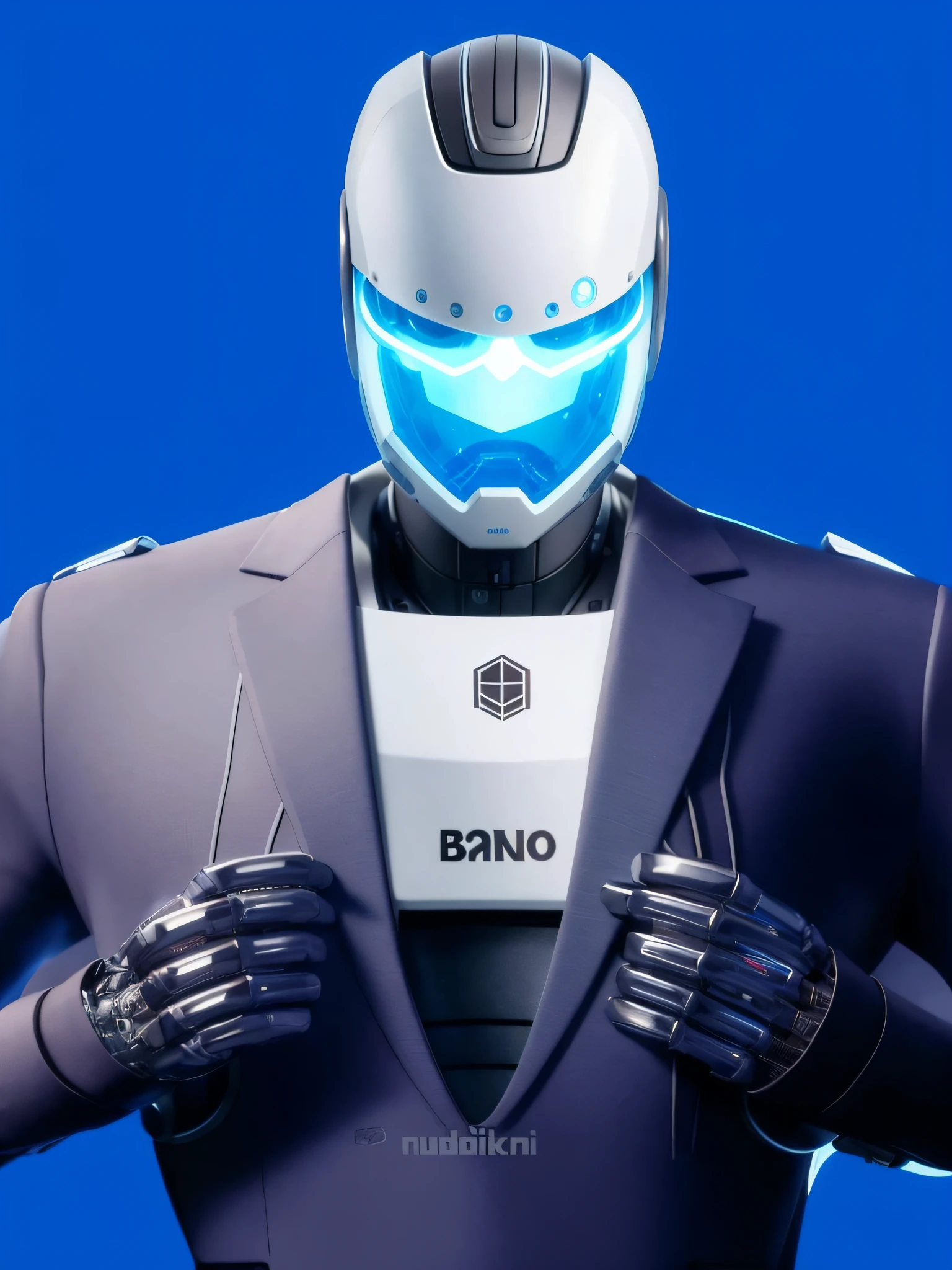 A closeup of a robot in a suit with a blue light on its face, the band name is roborock, scout police robot, gangsta robot, cybernetic suit, promotional render, integrated synthetic android, friendly humanoid cyber robot, Cyber Songman, Banchou, veste uma armadura de poder, arte oficial, Solo Performance Unreal Engine, Arte Promocional