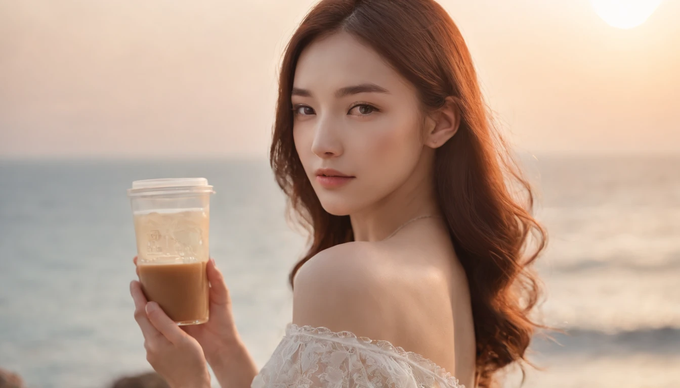 couple,sweet,autumnal,milk tea,maple leaves,Real Human,Ultra photo realsisim,Hyper-realistic,(Delicate facial features1.3)(Delicate hands and fingers1.5)photore,(Extreme Light and Shadow 1.2)(Delicate skin texture1.3)(Villa with sea view 1.1)The sea breeze ruffled the girl's long brown hair,setting sun,High view of the sea