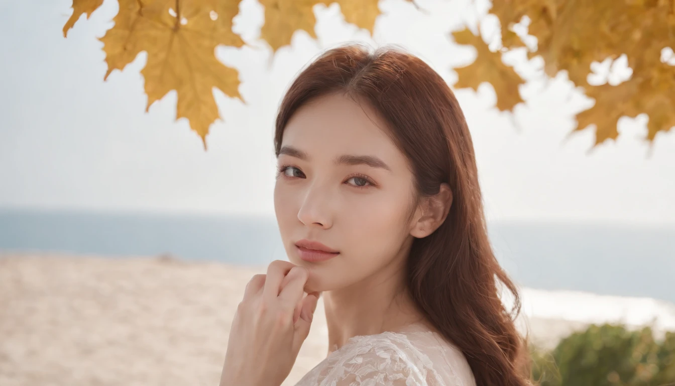 couple，sweet，autumnal，milk tea，maple leaves，Real Human，Ultra photo realsisim，Hyper-realistic，（Delicate facial features1.3）（Delicate hands and fingers1.5）photore，（Extreme Light and Shadow 1.2）（Delicate skin texture1.3）（Villa with sea view 1.1）The sea breeze ruffled the girl's long brown hair，setting sun，High view of the sea
