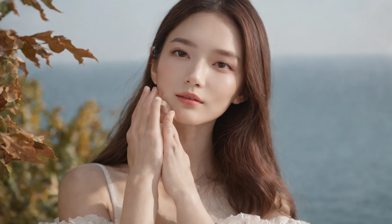 couple,sweet,autumnal,milk tea,maple leaves,Real Human,Ultra photo realsisim,Hyper-realistic,(Delicate facial features1.3)(Delicate hands and fingers1.5)photore,(Extreme Light and Shadow 1.2)(Delicate skin texture1.3)(Villa with sea view 1.1)The sea breeze ruffled the girl's long brown hair,setting sun,High view of the sea